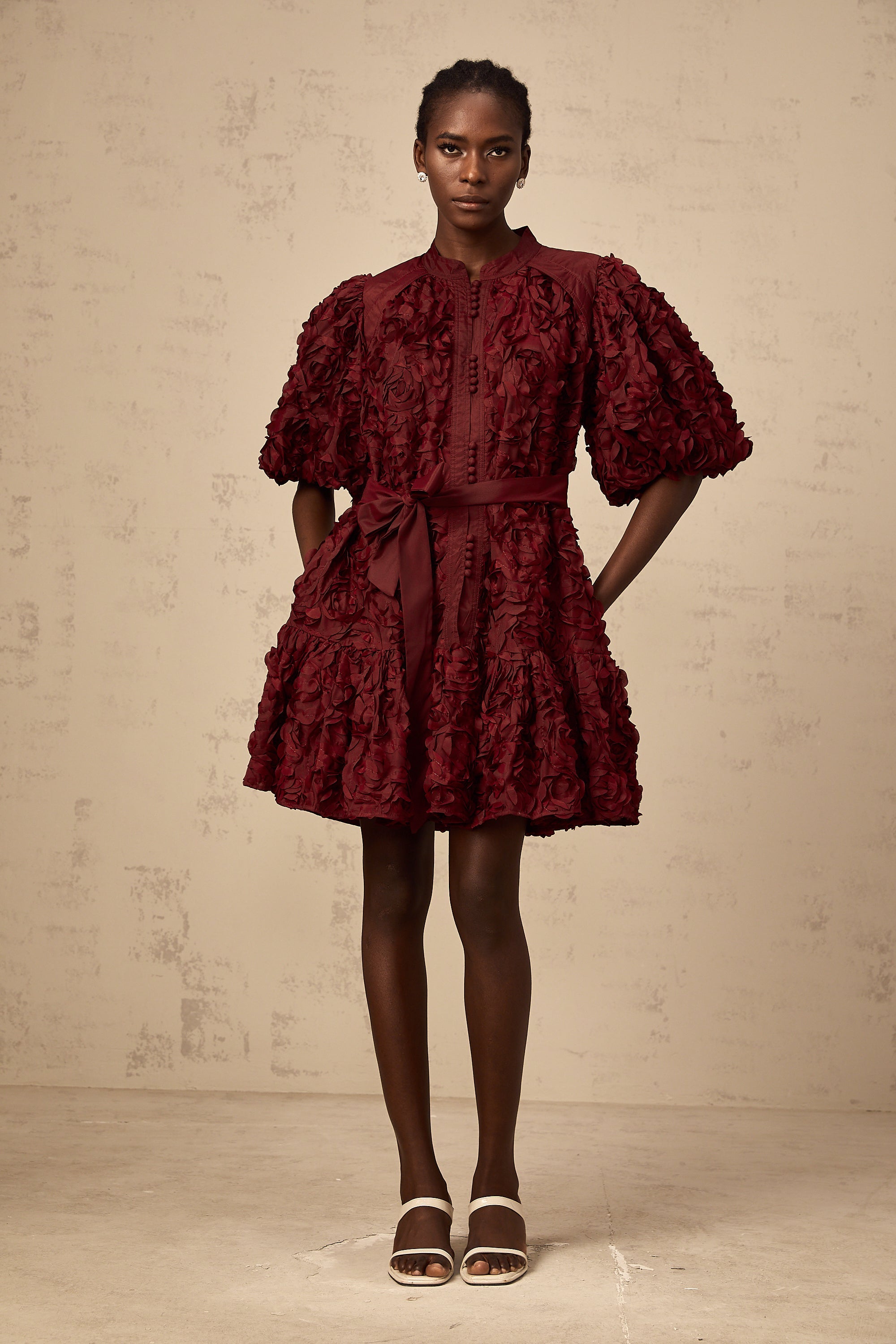 Ségolène wine-red 3D-petal puff mini dress (Final Sale-US Only)