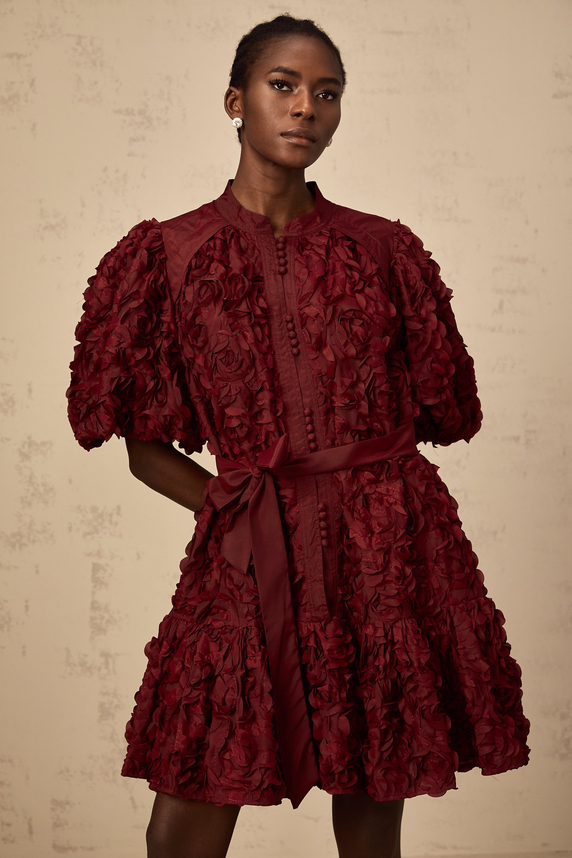 Ségolène wine-red 3D-petal puff mini dress