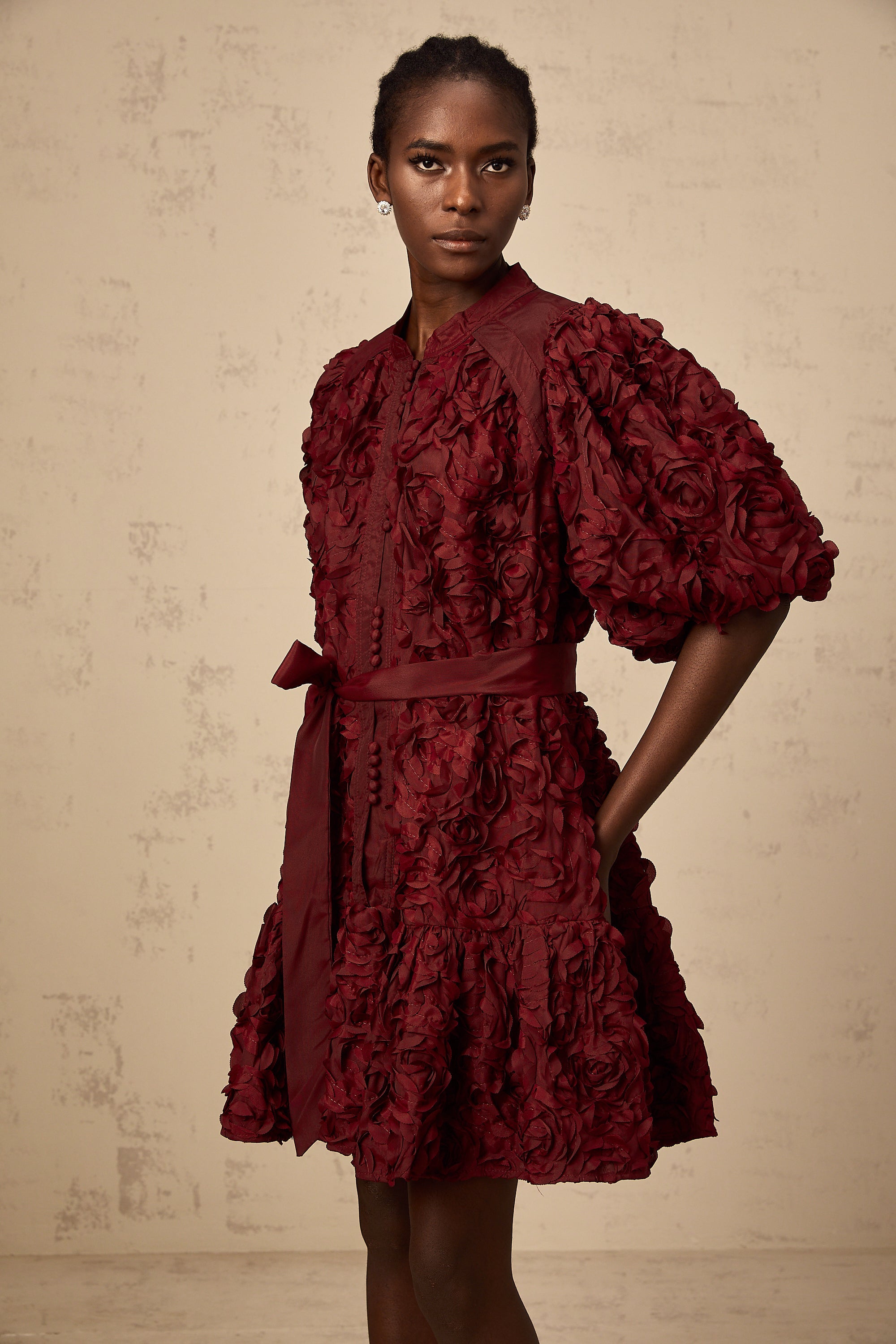 Ségolène wine-red 3D-petal puff mini dress