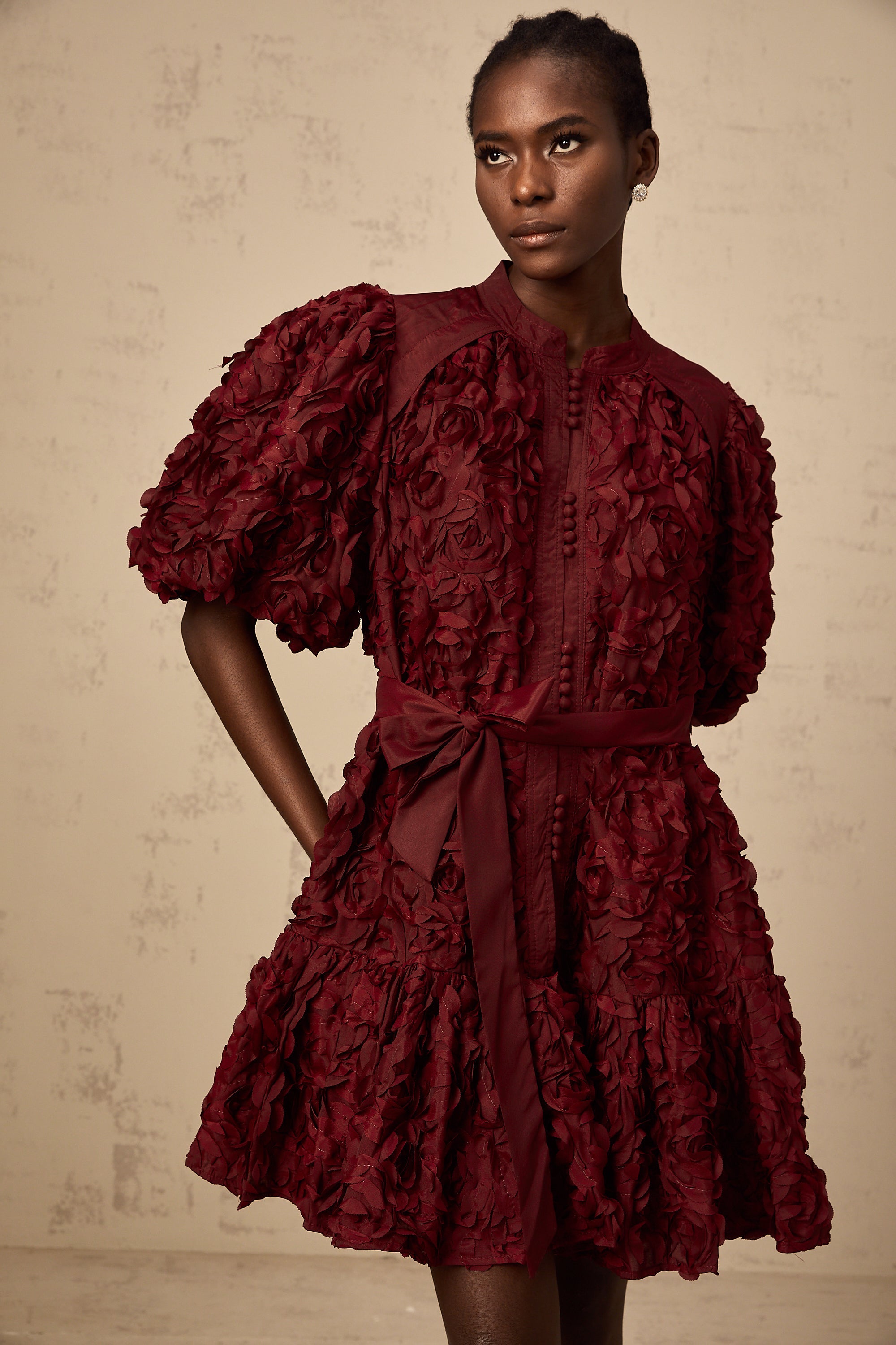 Ségolène wine-red 3D-petal puff mini dress (Final Sale-US Only)