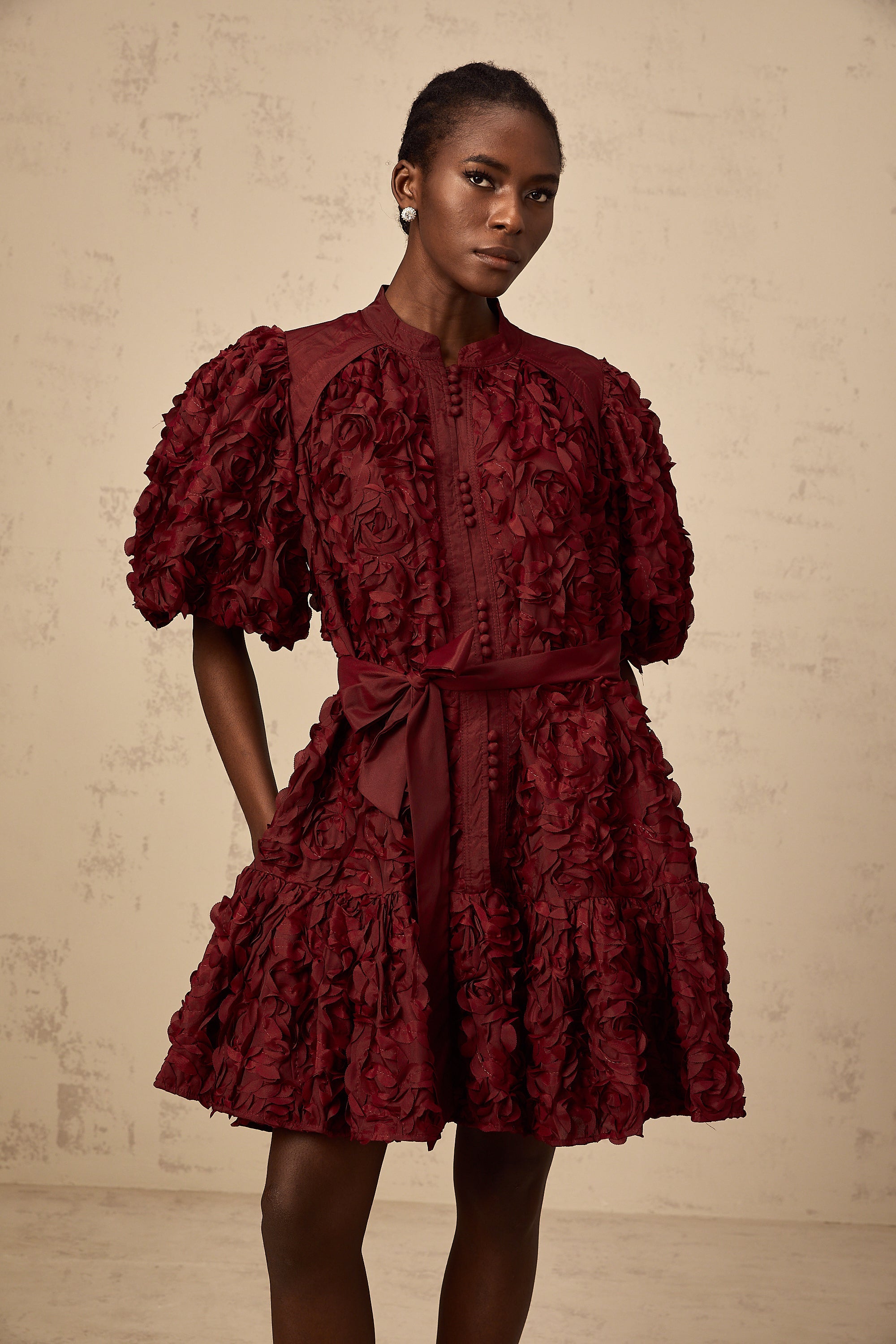 Ségolène wine-red 3D-petal puff mini dress