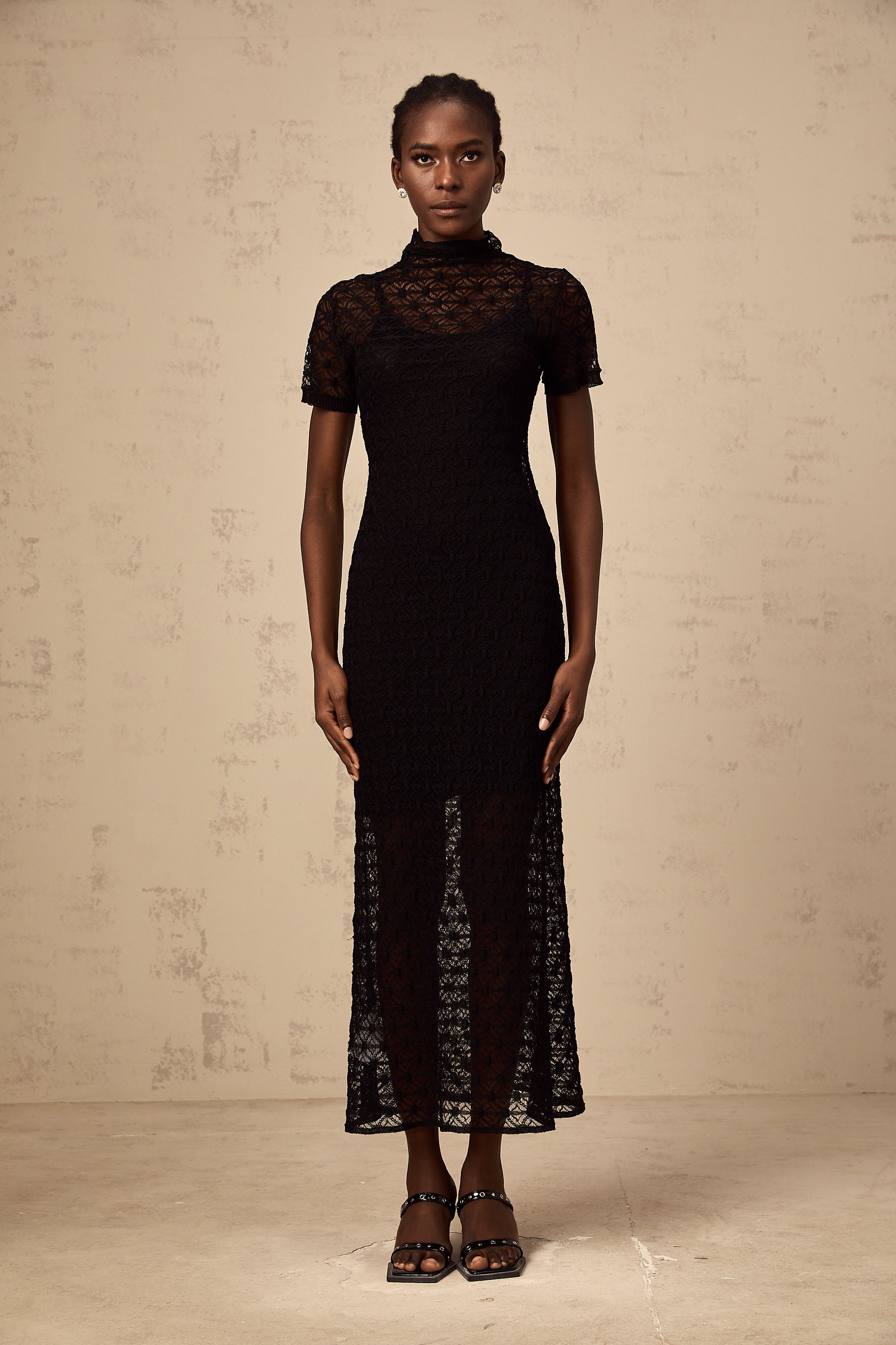 Vanessa black semi-sheer knit midi dress