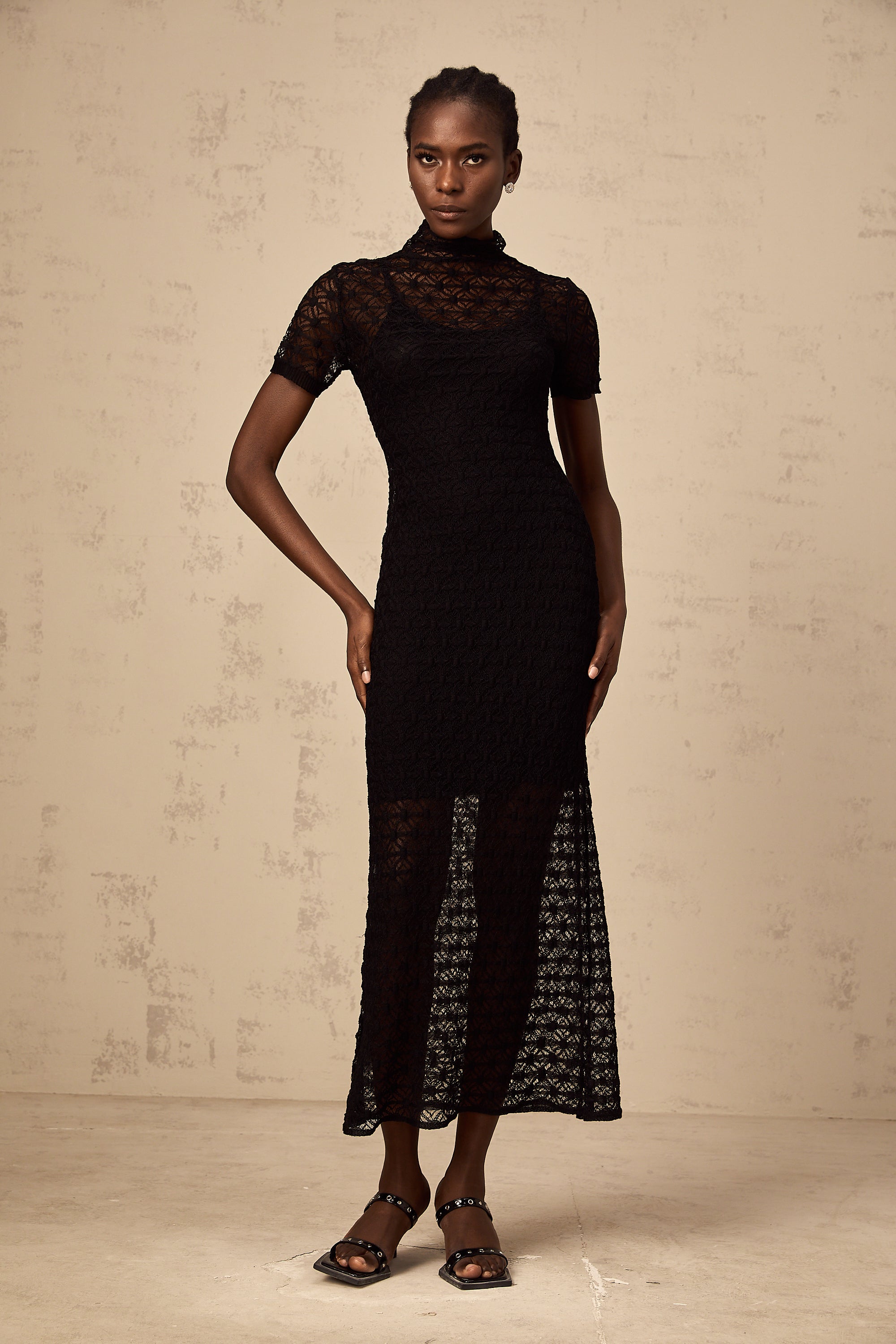 Vanessa black semi-sheer knit midi dress