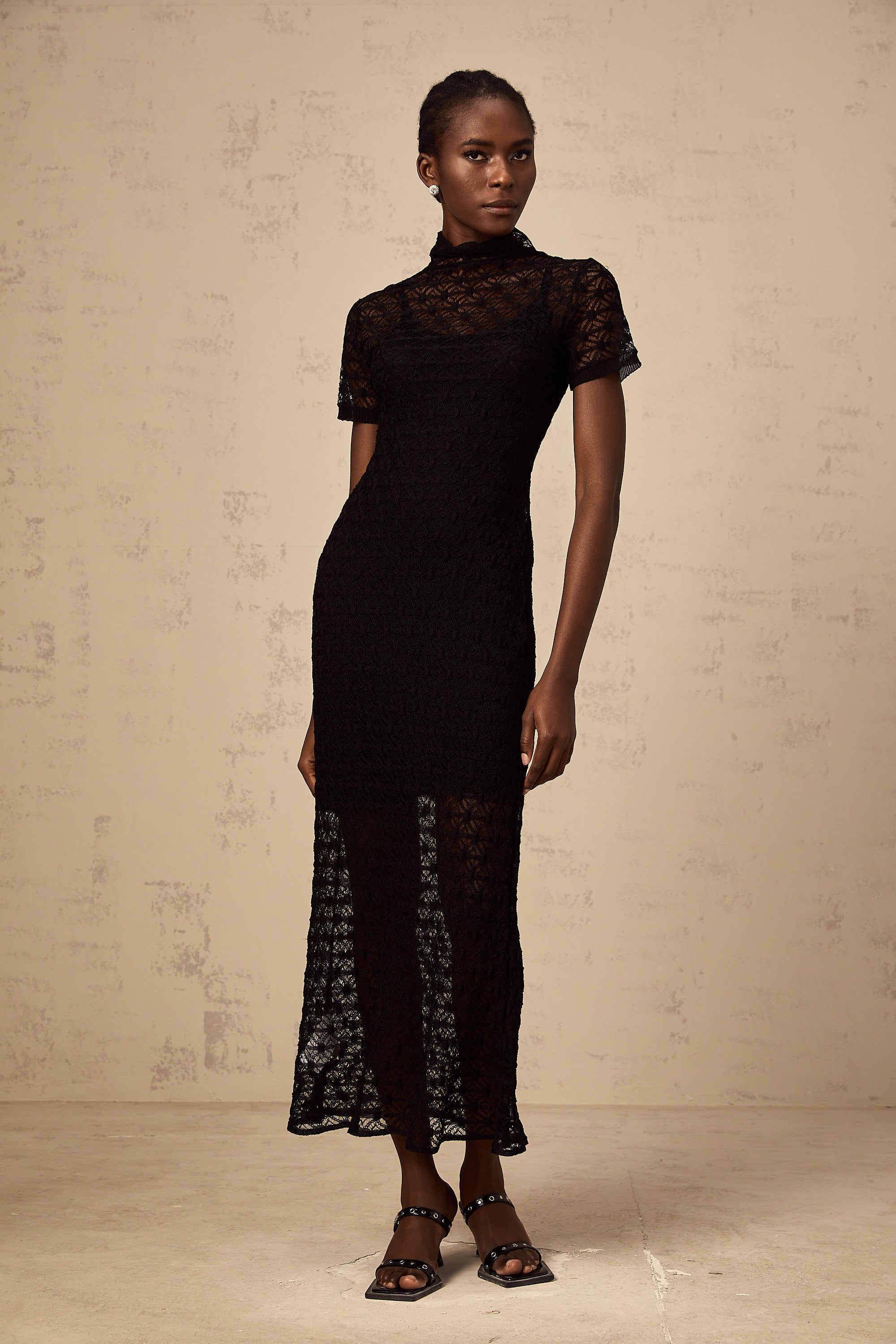 Vanessa black semi-sheer knit midi dress