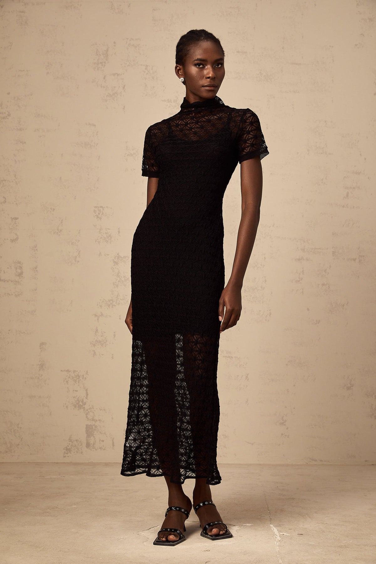 Vanessa black semi-sheer knit midi dress