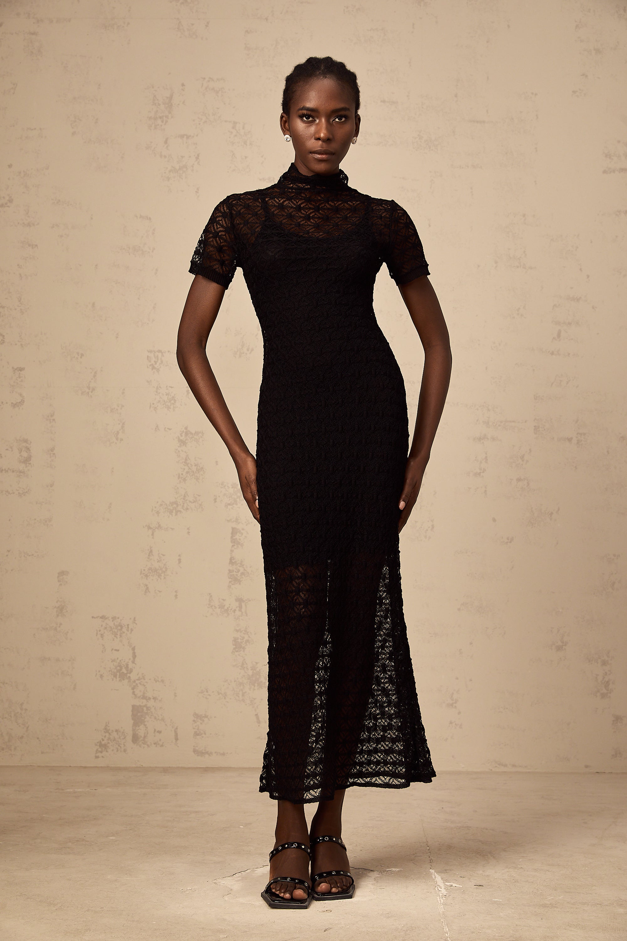 Vanessa black semi-sheer knit midi dress