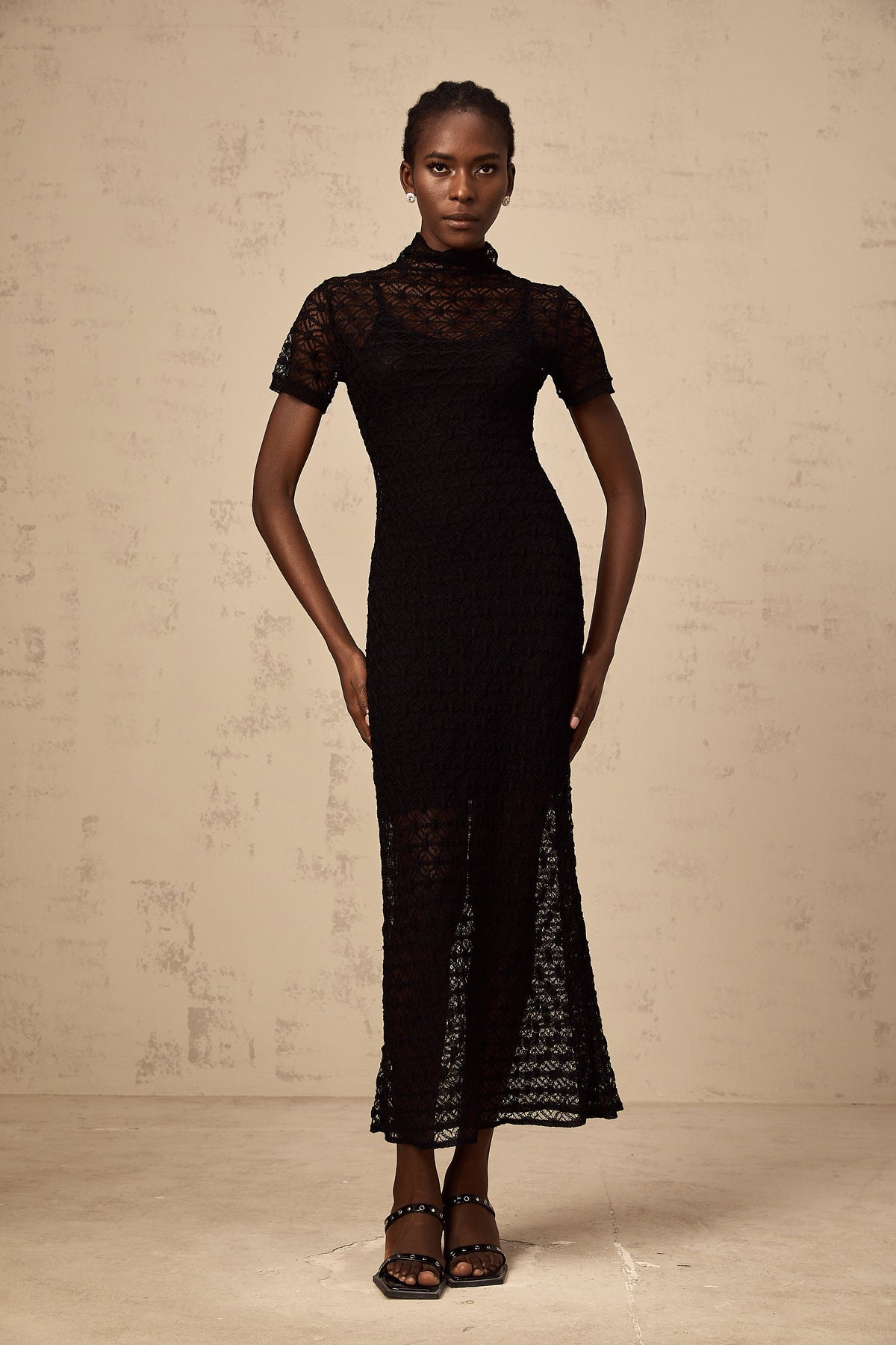 Vanessa black semi-sheer knit midi dress