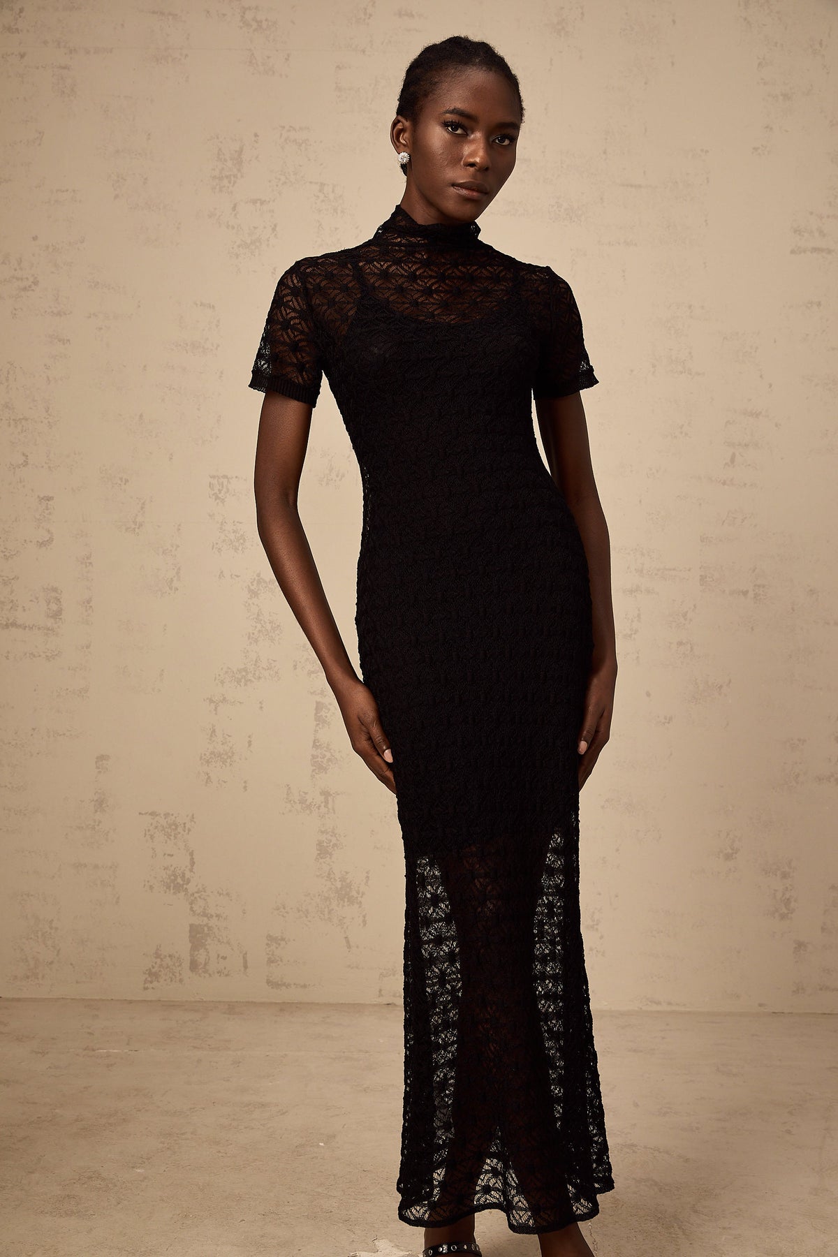 Vanessa black semi-sheer knit midi dress
