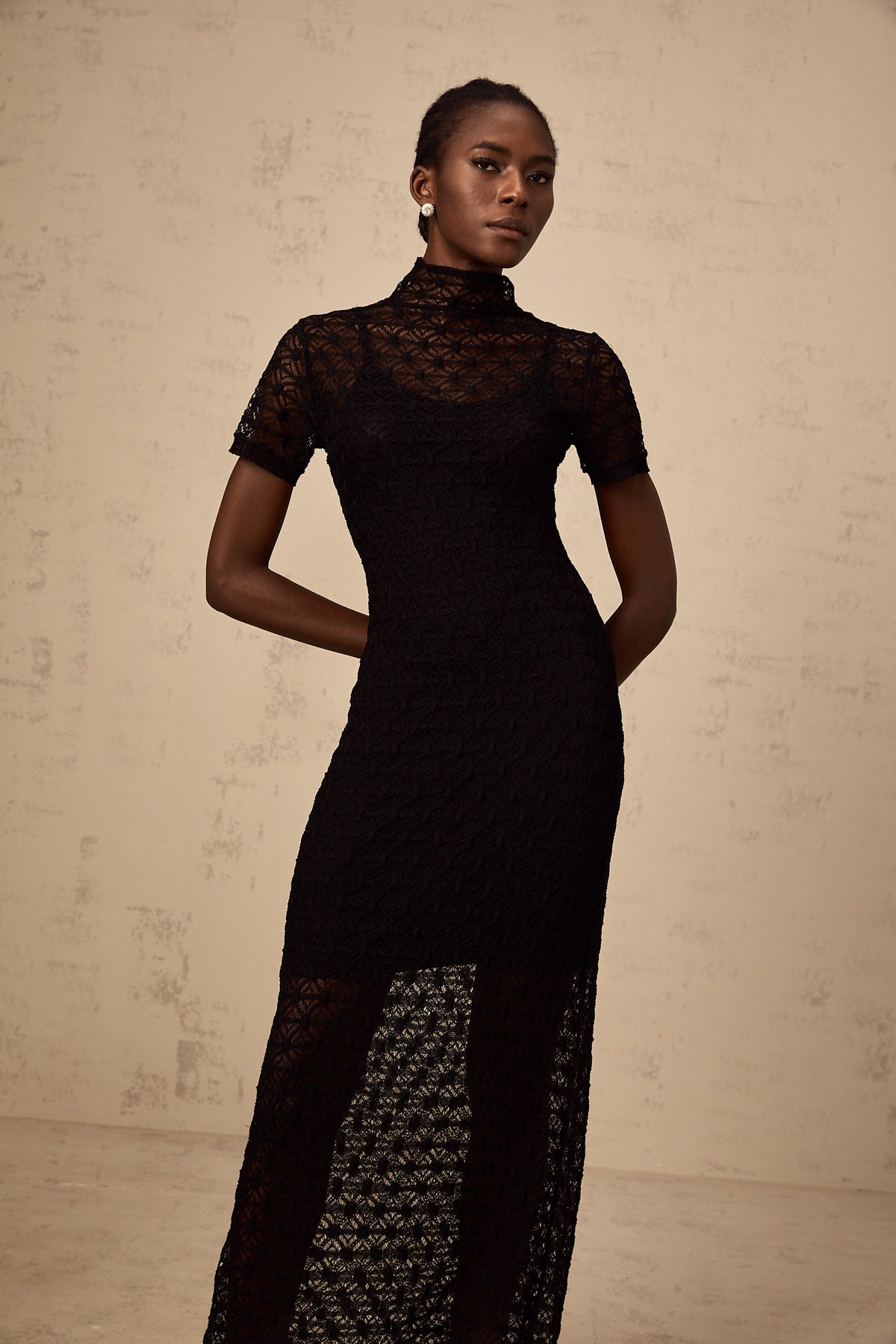 Vanessa black semi-sheer knit midi dress