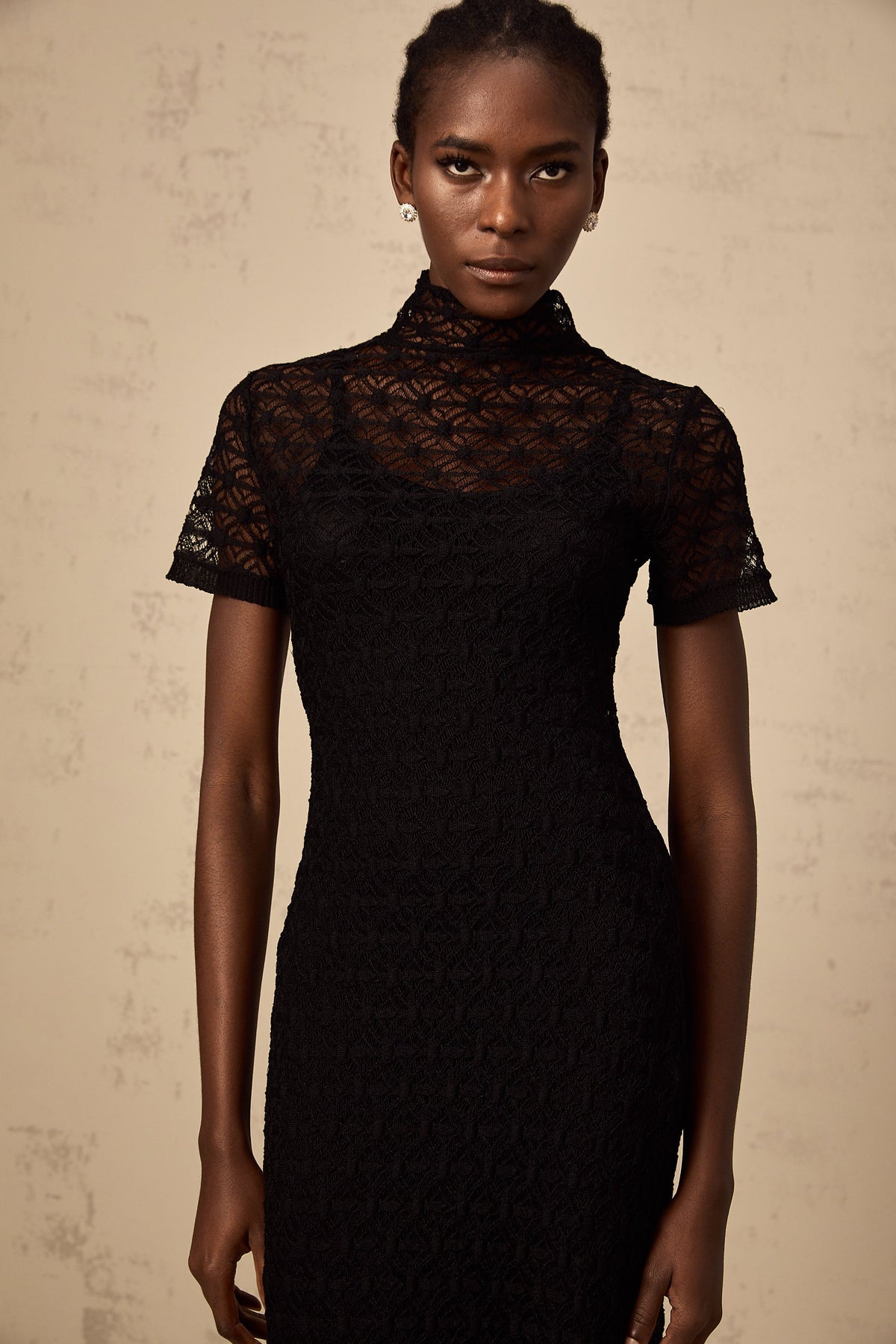 Vanessa black semi-sheer knit midi dress