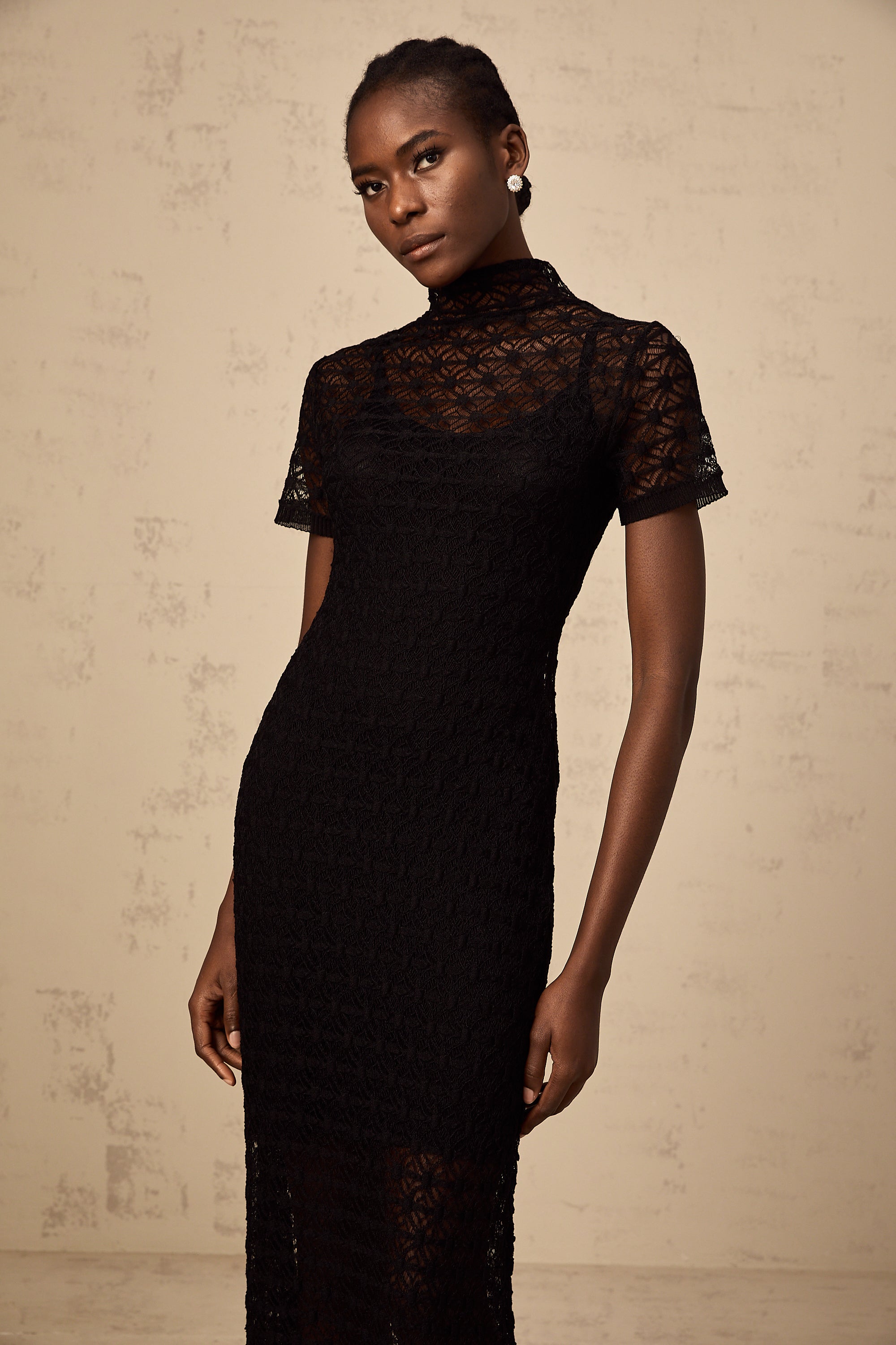 Vanessa black semi-sheer knit midi dress