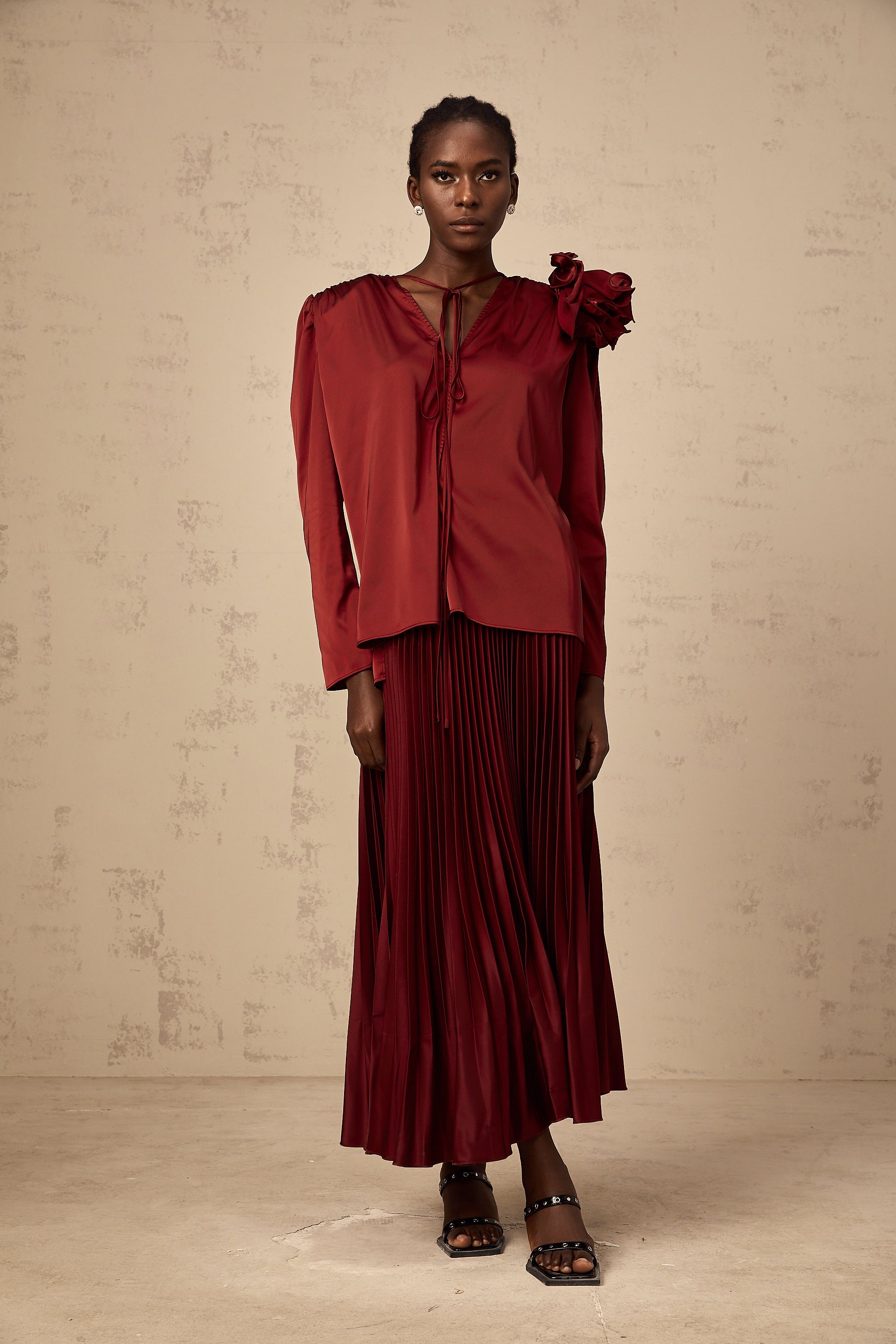 Colette flower-appliqué satin blouse & skirt matching set