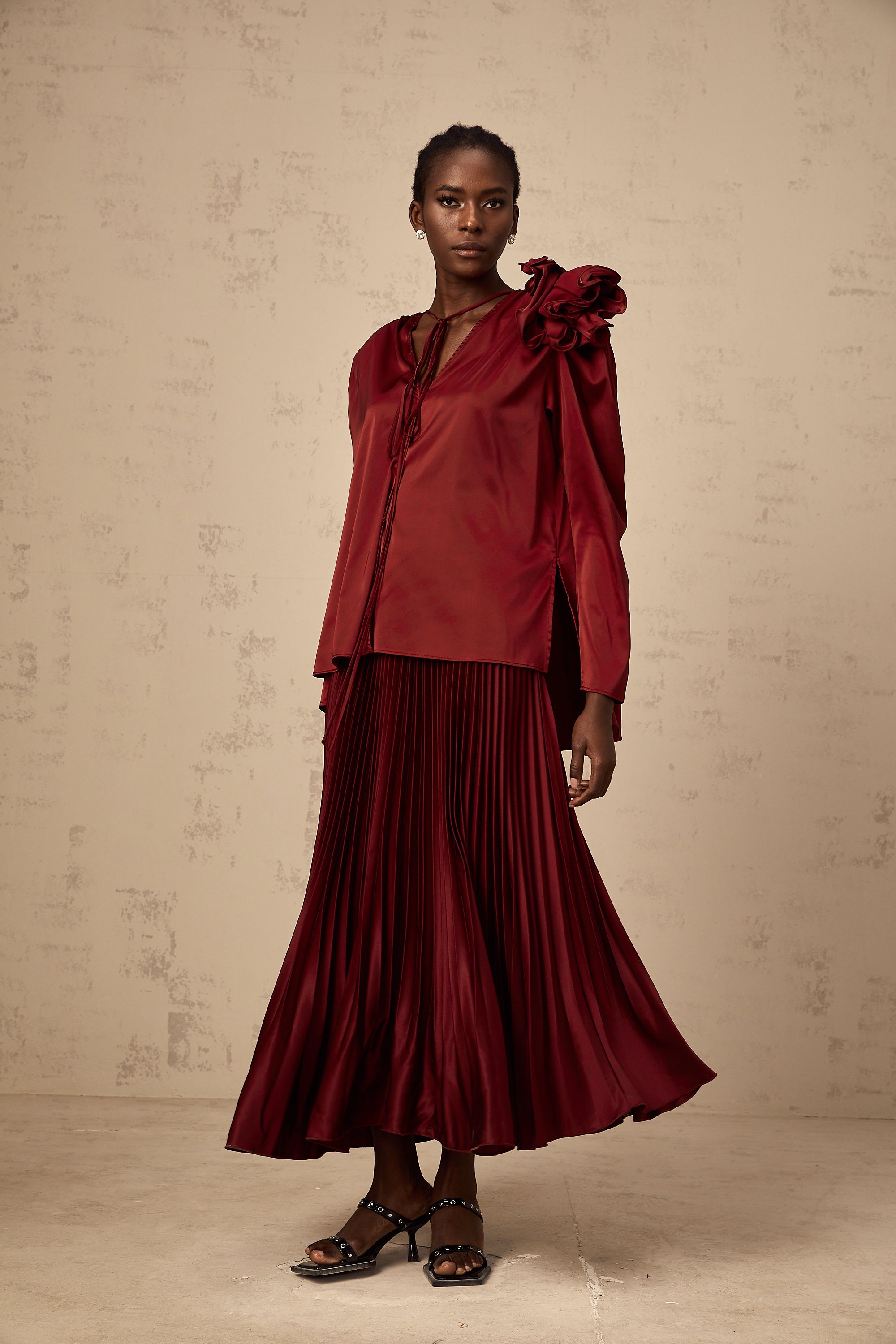 Colette flower-appliqué satin blouse & skirt matching set