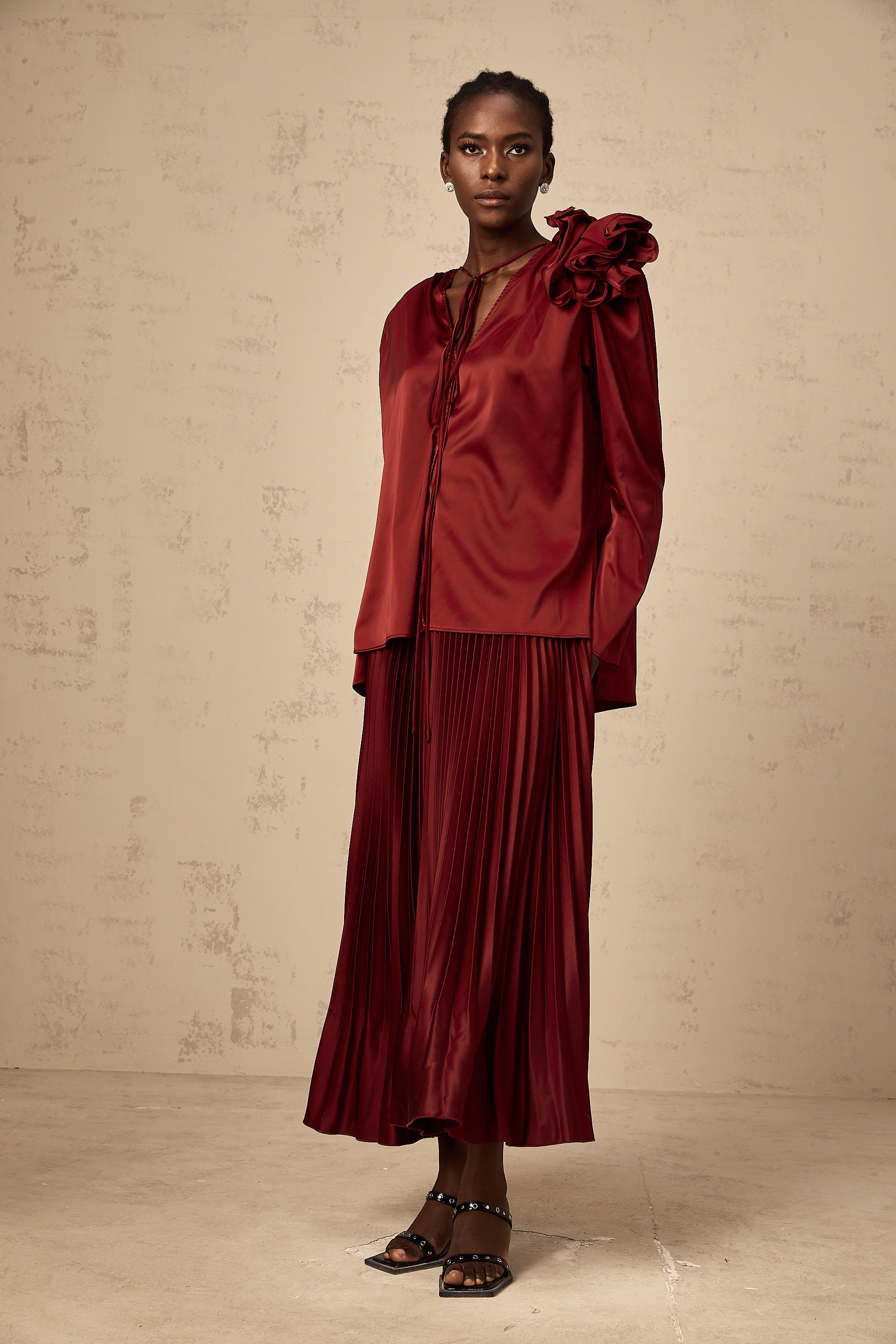Colette flower-appliqué satin blouse & skirt matching set