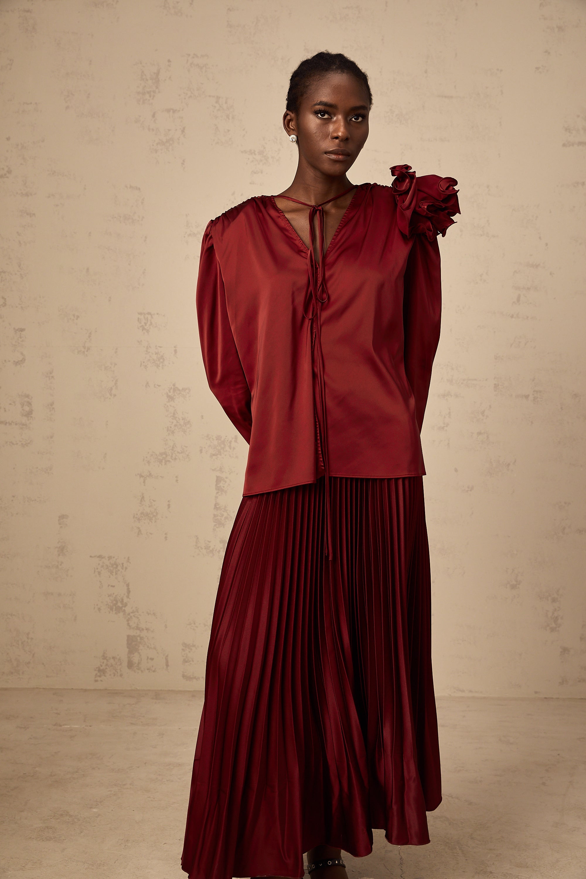 Colette flower-appliqué satin blouse & skirt matching set