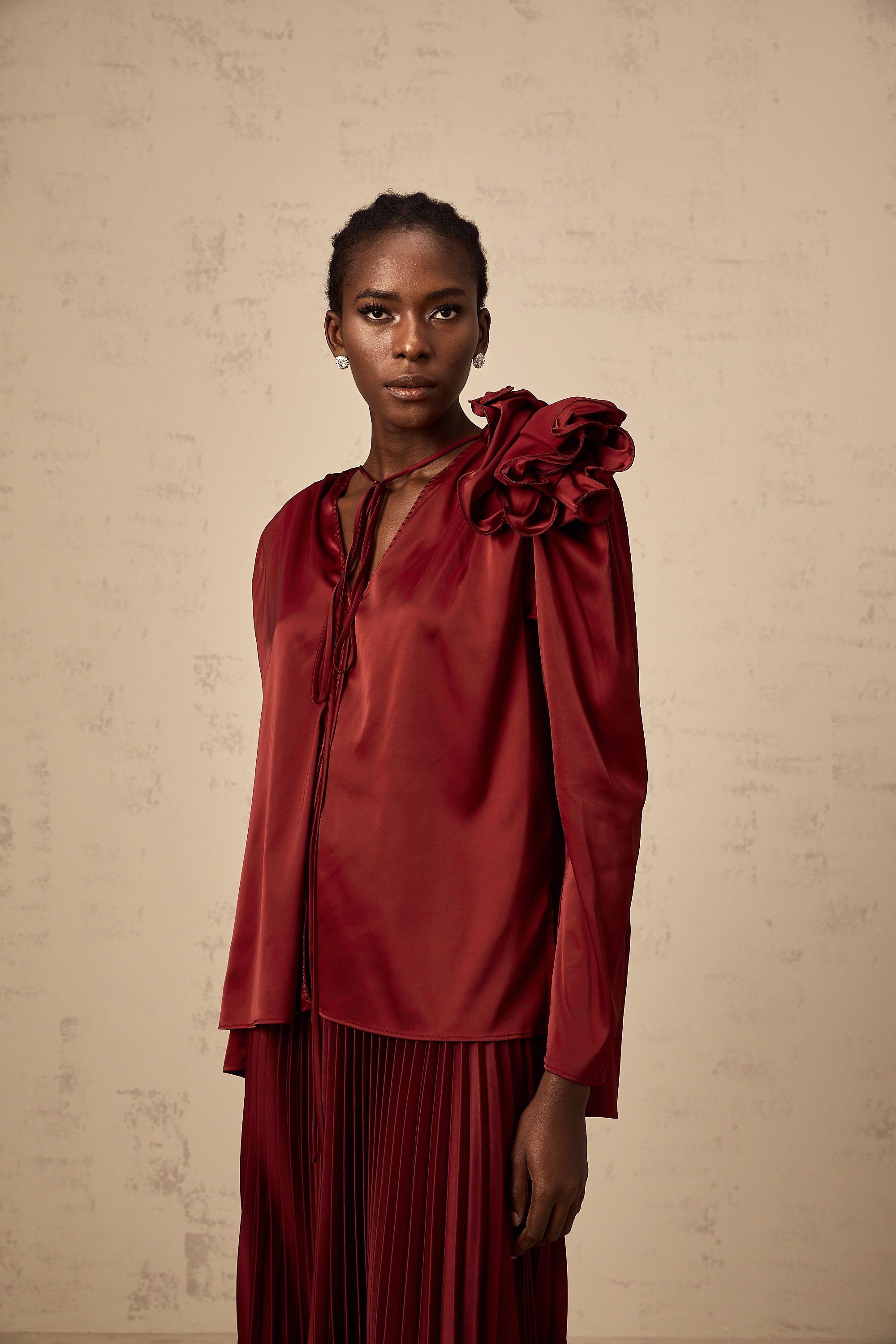 Colette flower-appliqué satin blouse & skirt matching set