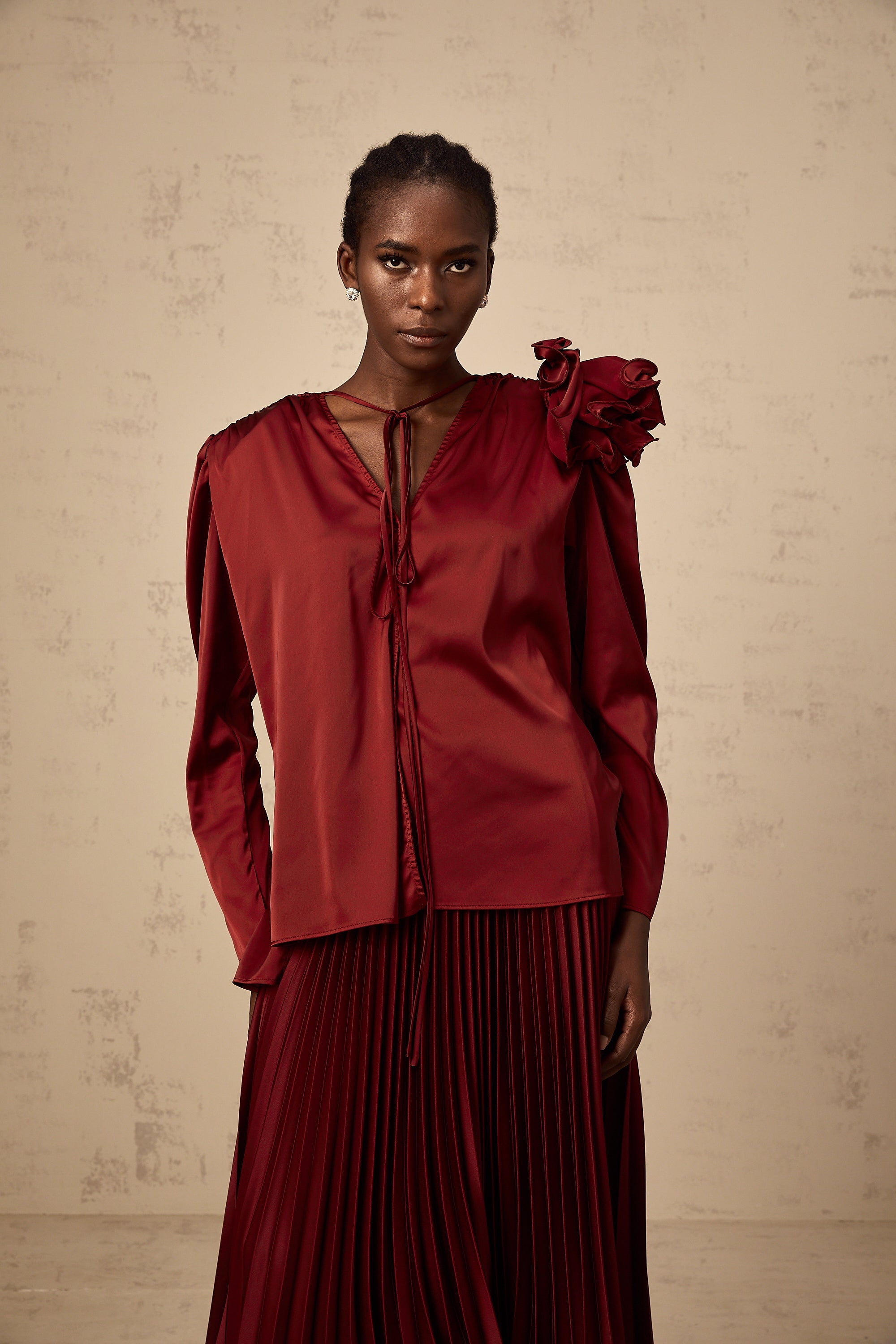 Colette flower-appliqué satin blouse & skirt matching set