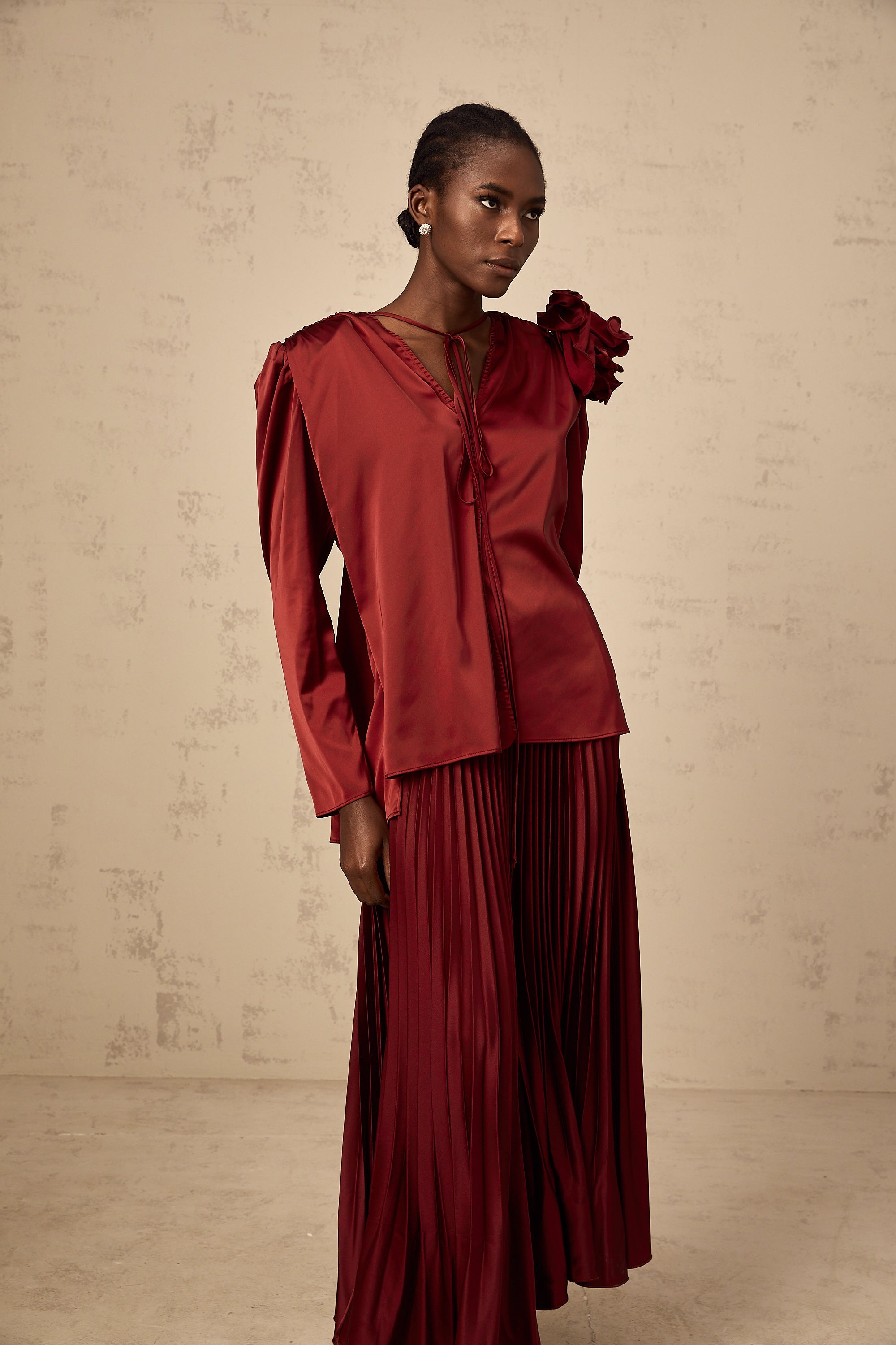 Colette flower-appliqué satin blouse & skirt matching set
