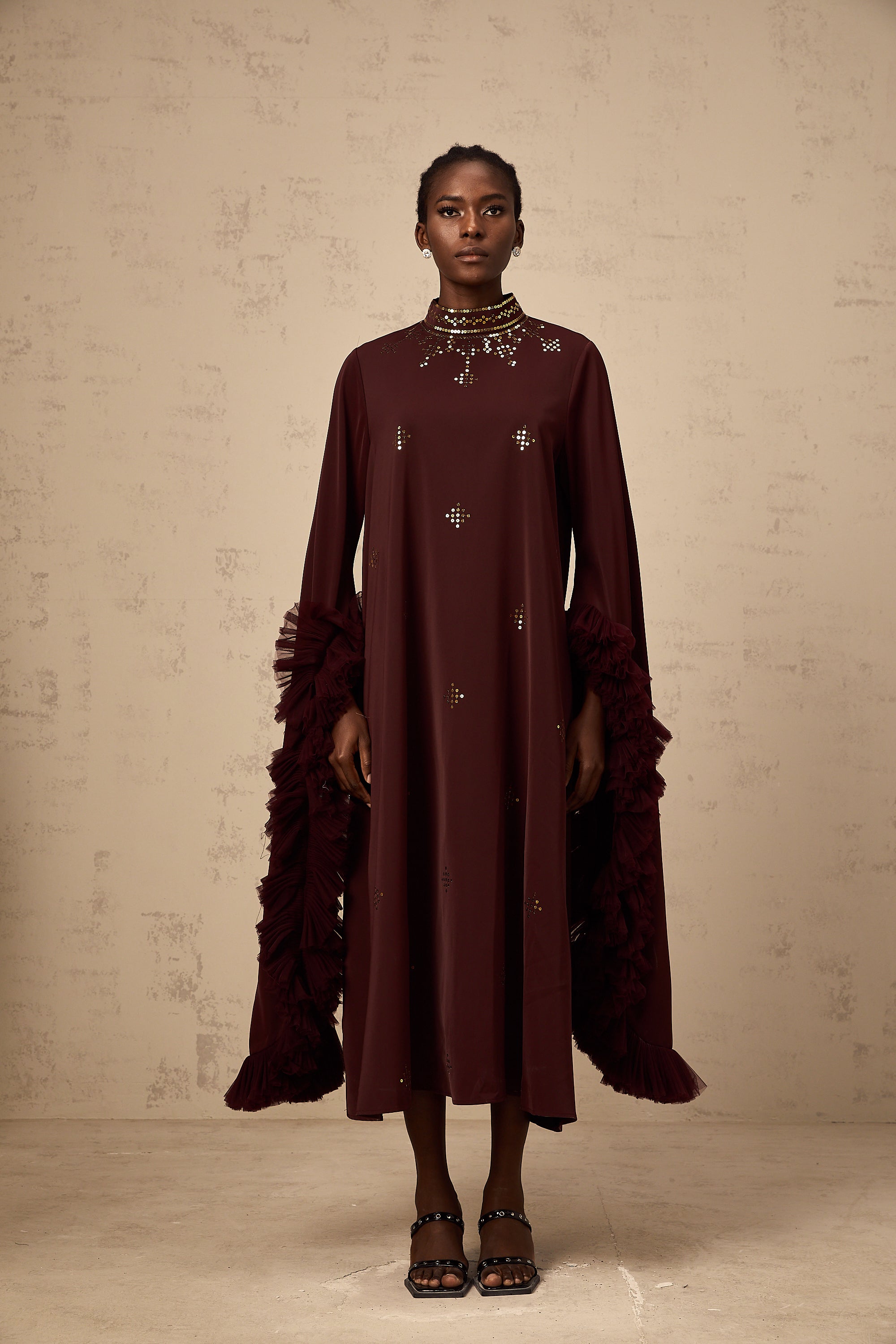 Anaïs purple sequined flared-sleeve midi dress