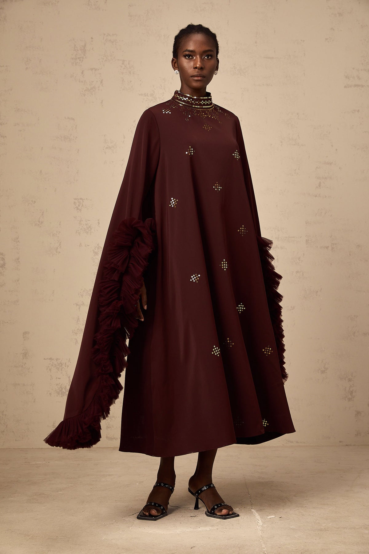 Anaïs purple sequined flared-sleeve midi dress