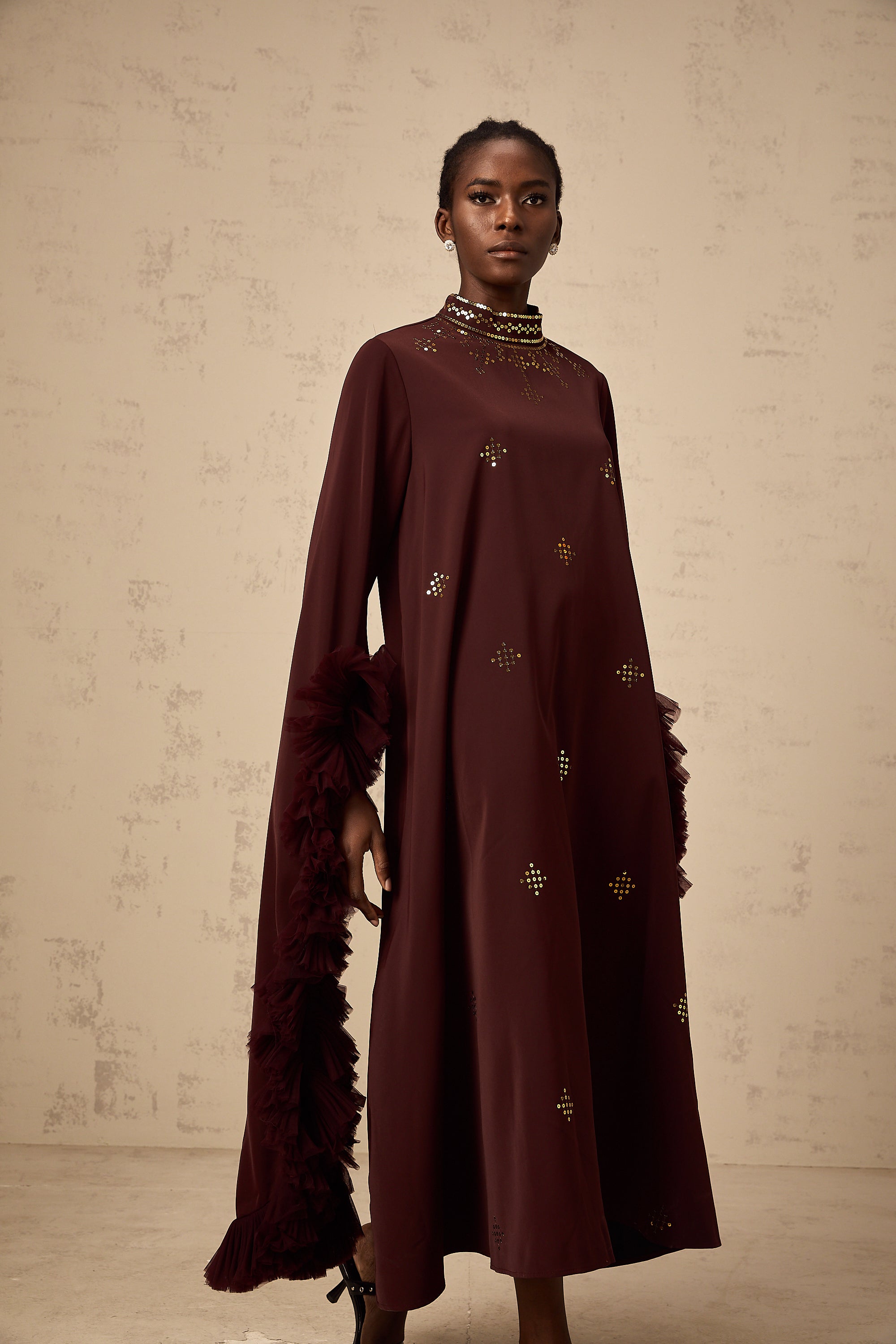 Anaïs purple sequined flared-sleeve midi dress