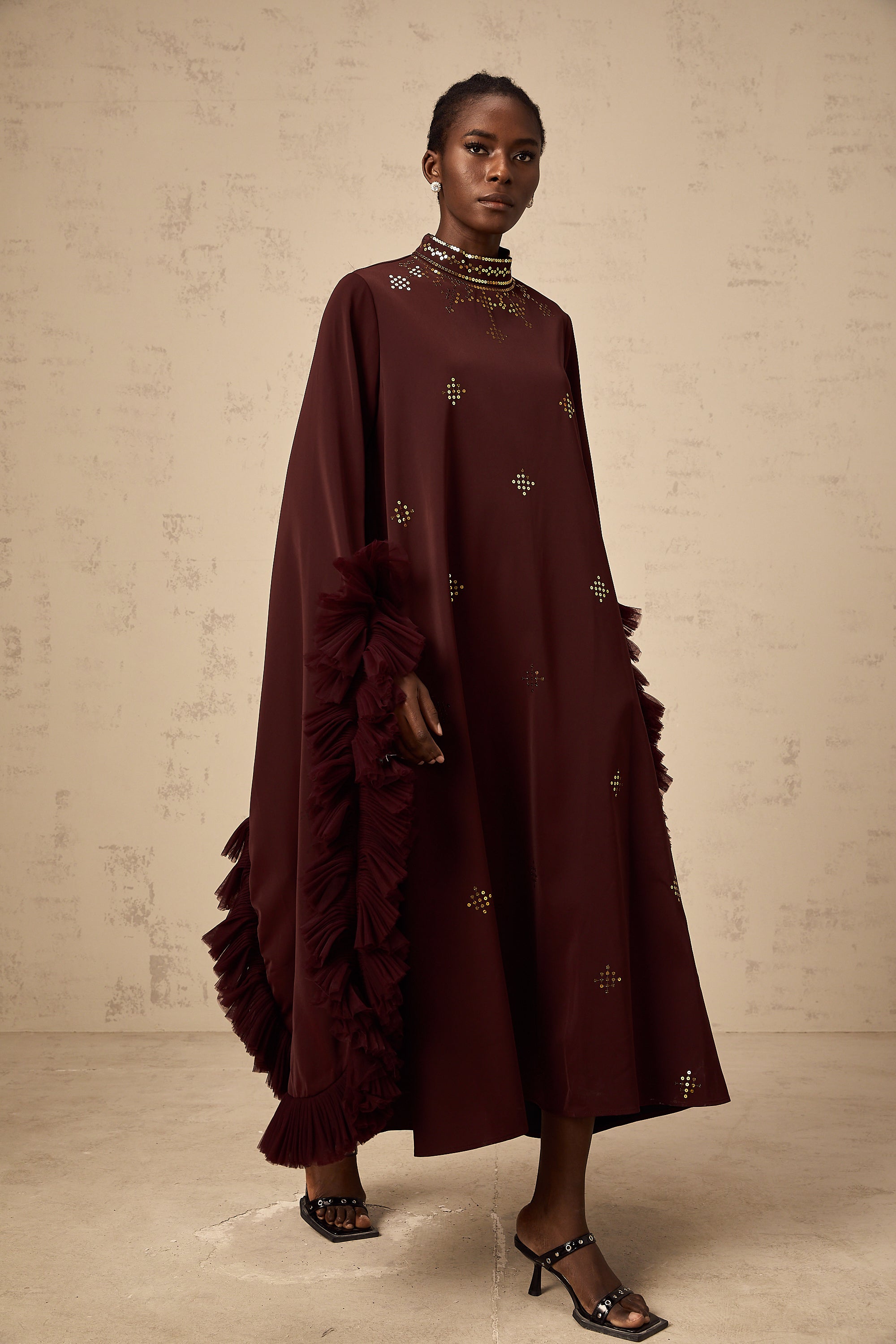 Anaïs purple sequined flared-sleeve midi dress
