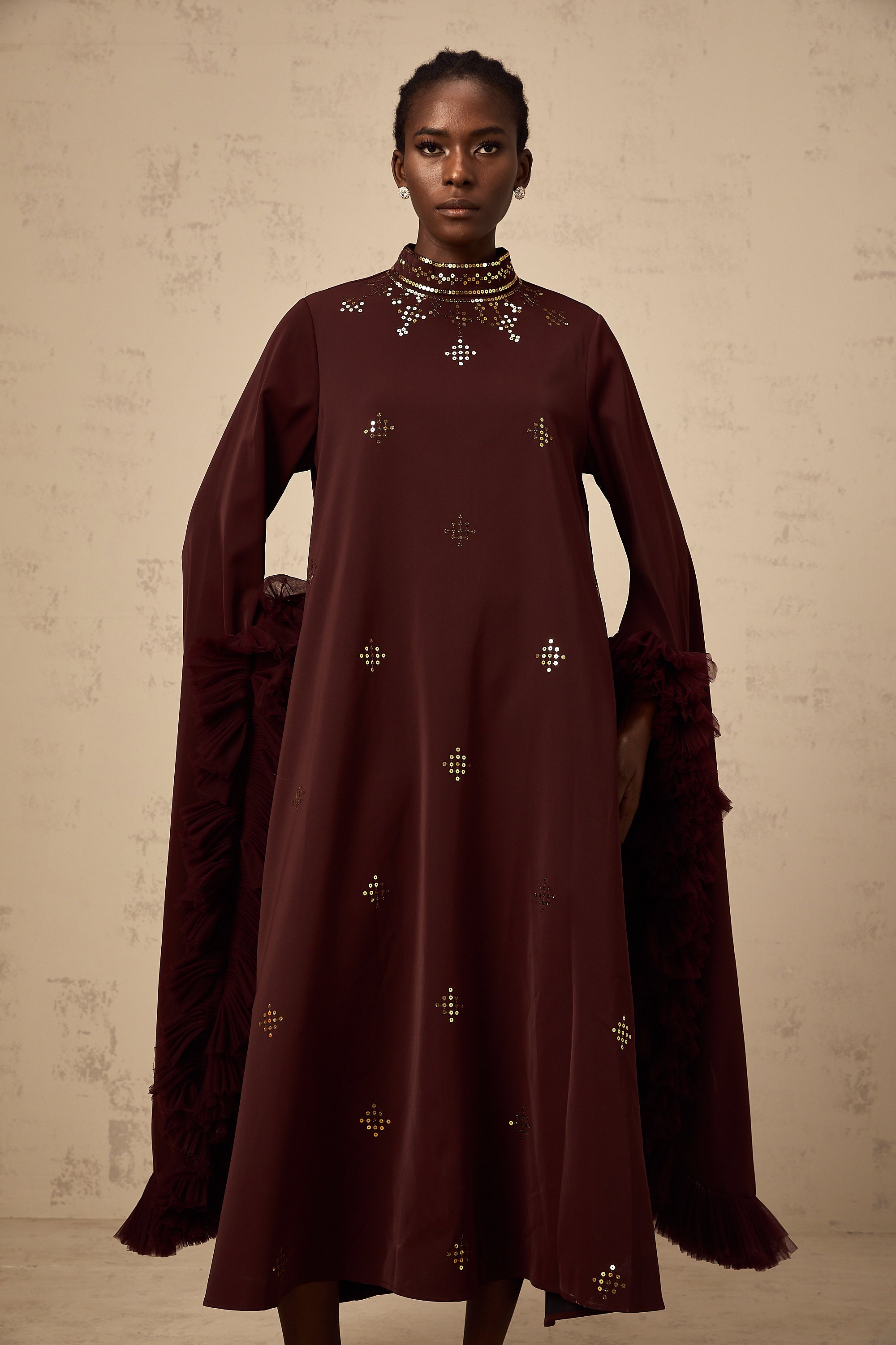Anaïs purple sequined flared-sleeve midi dress
