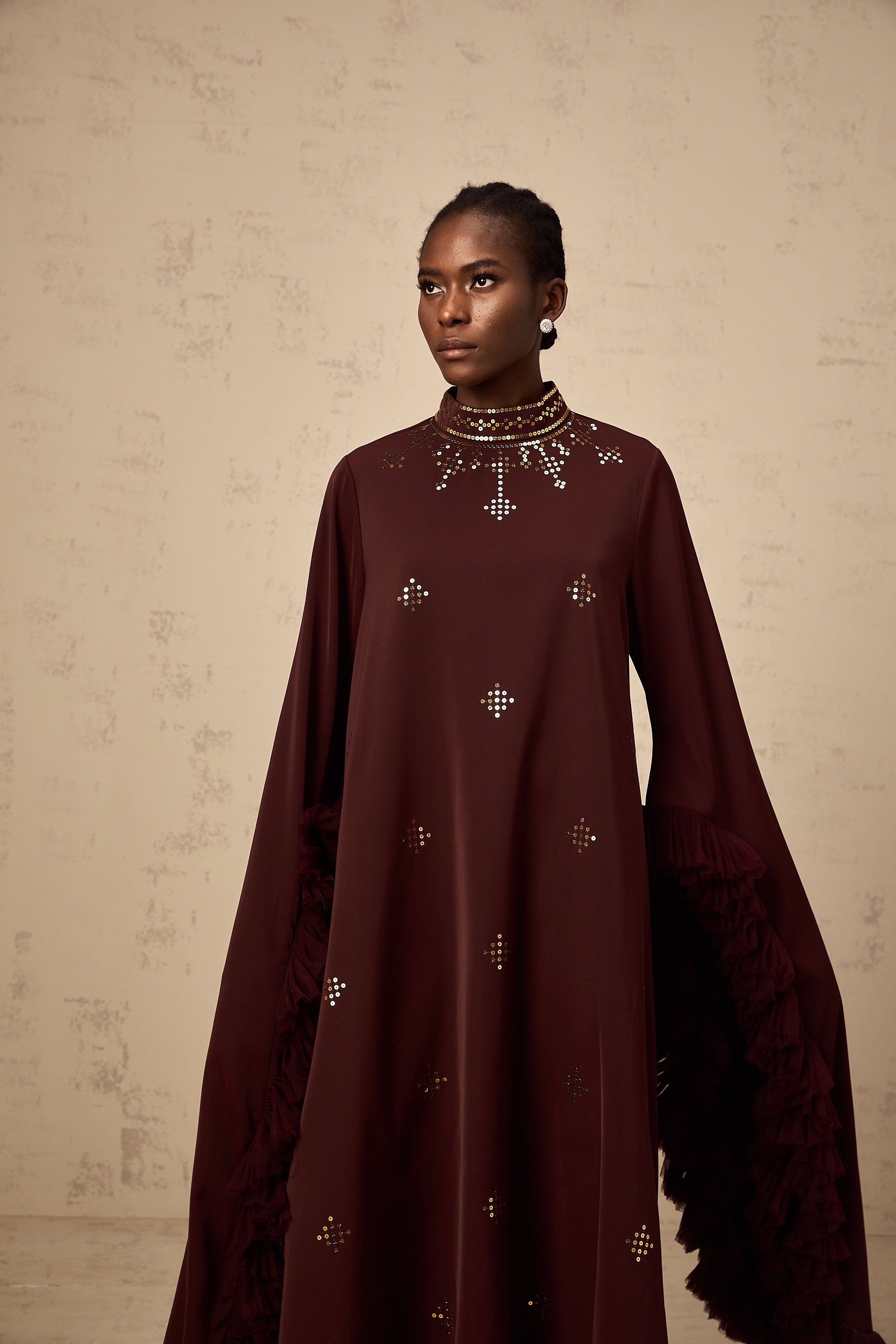 Anaïs purple sequined flared-sleeve midi dress