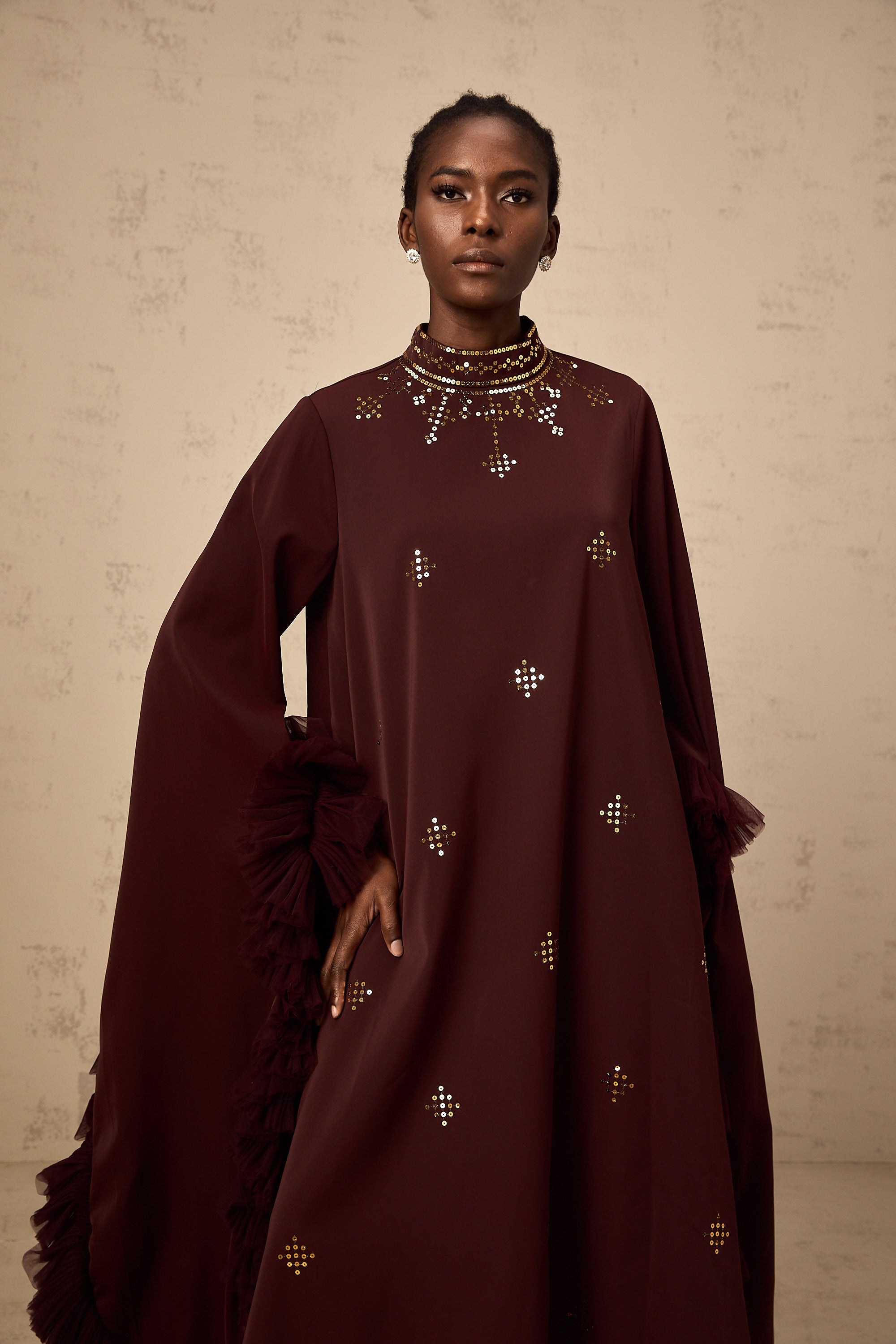 Anaïs purple sequined flared-sleeve midi dress