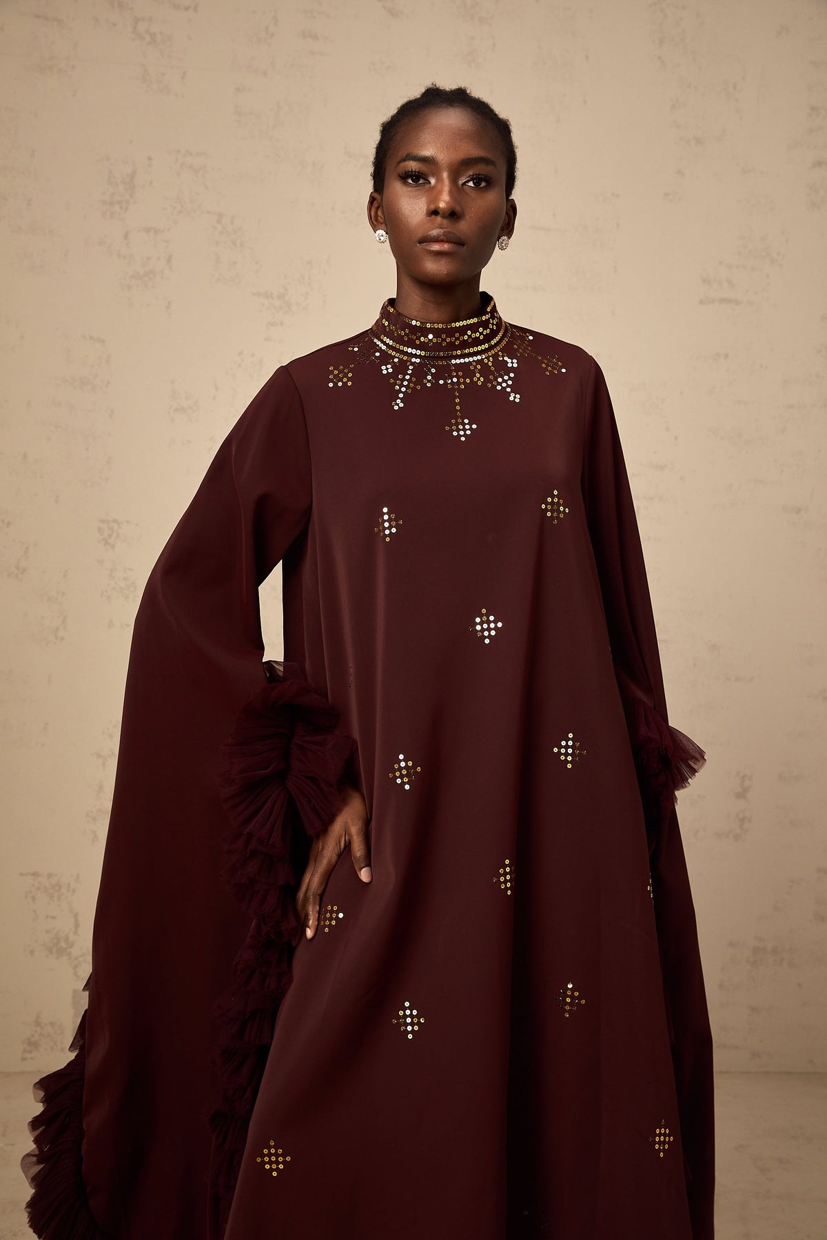 Anaïs purple sequined flared-sleeve midi dress