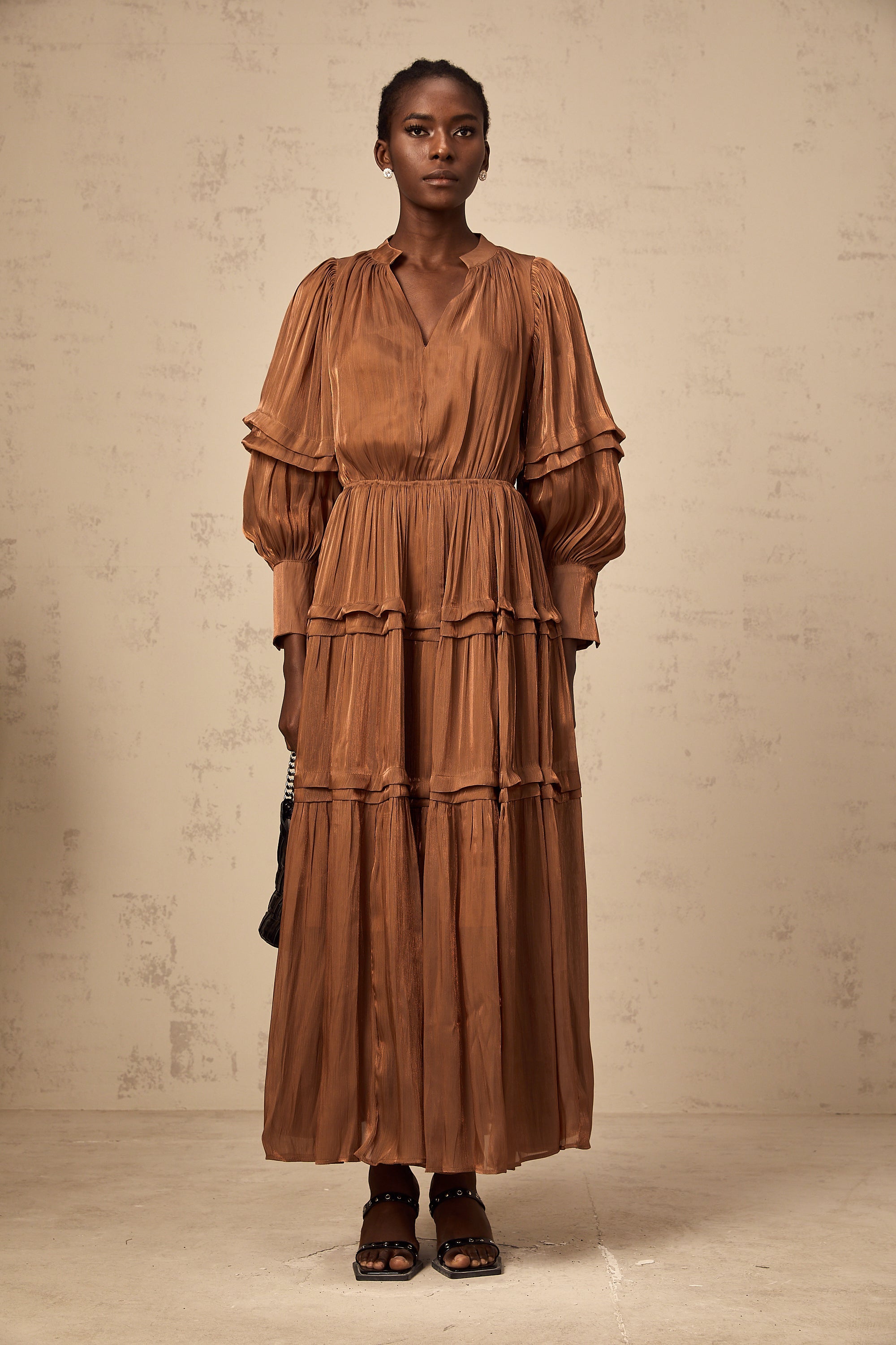 Emma brown ruffled-trim tiered maxi dress