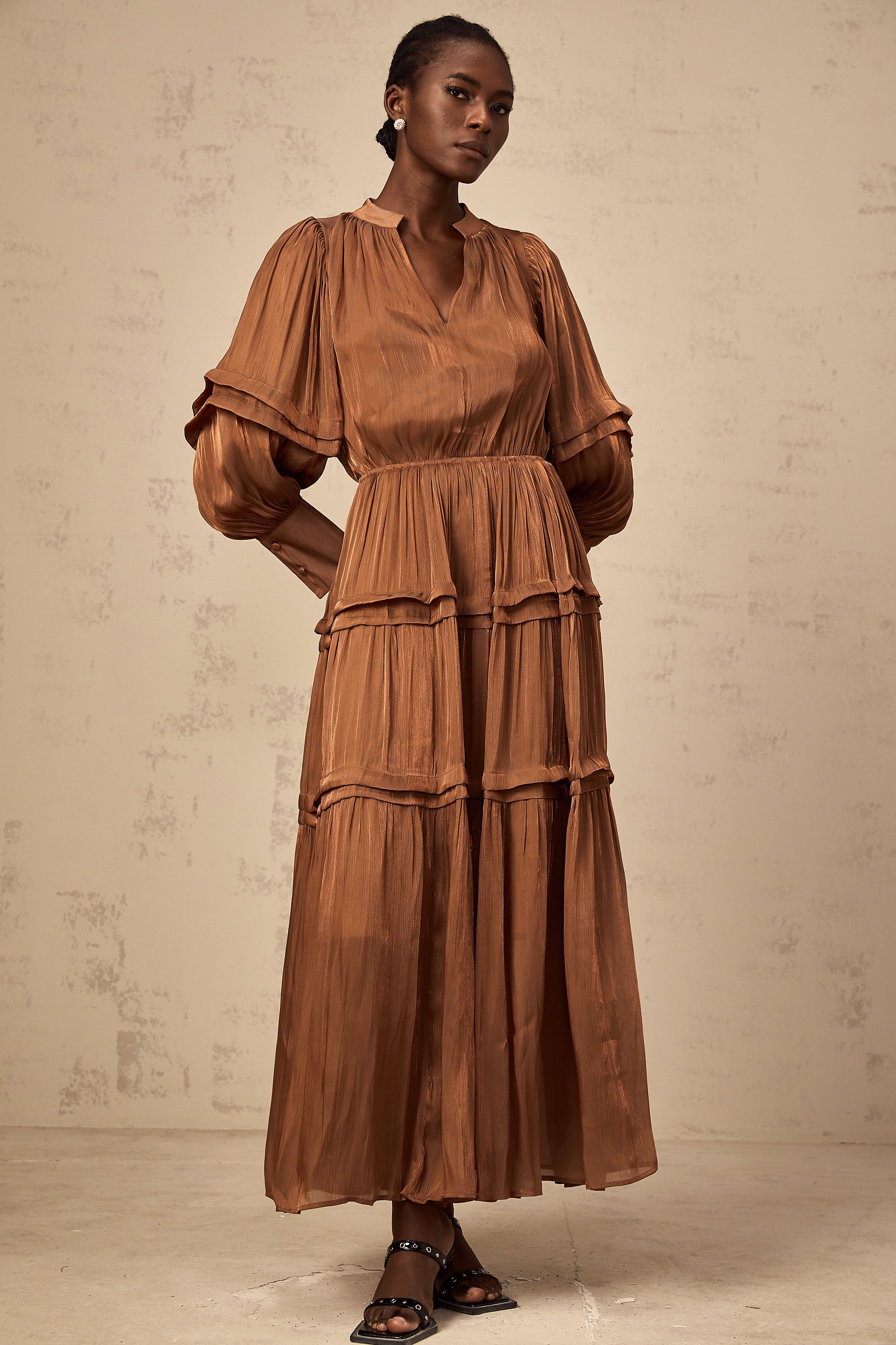 Emma brown ruffled-trim tiered maxi dress
