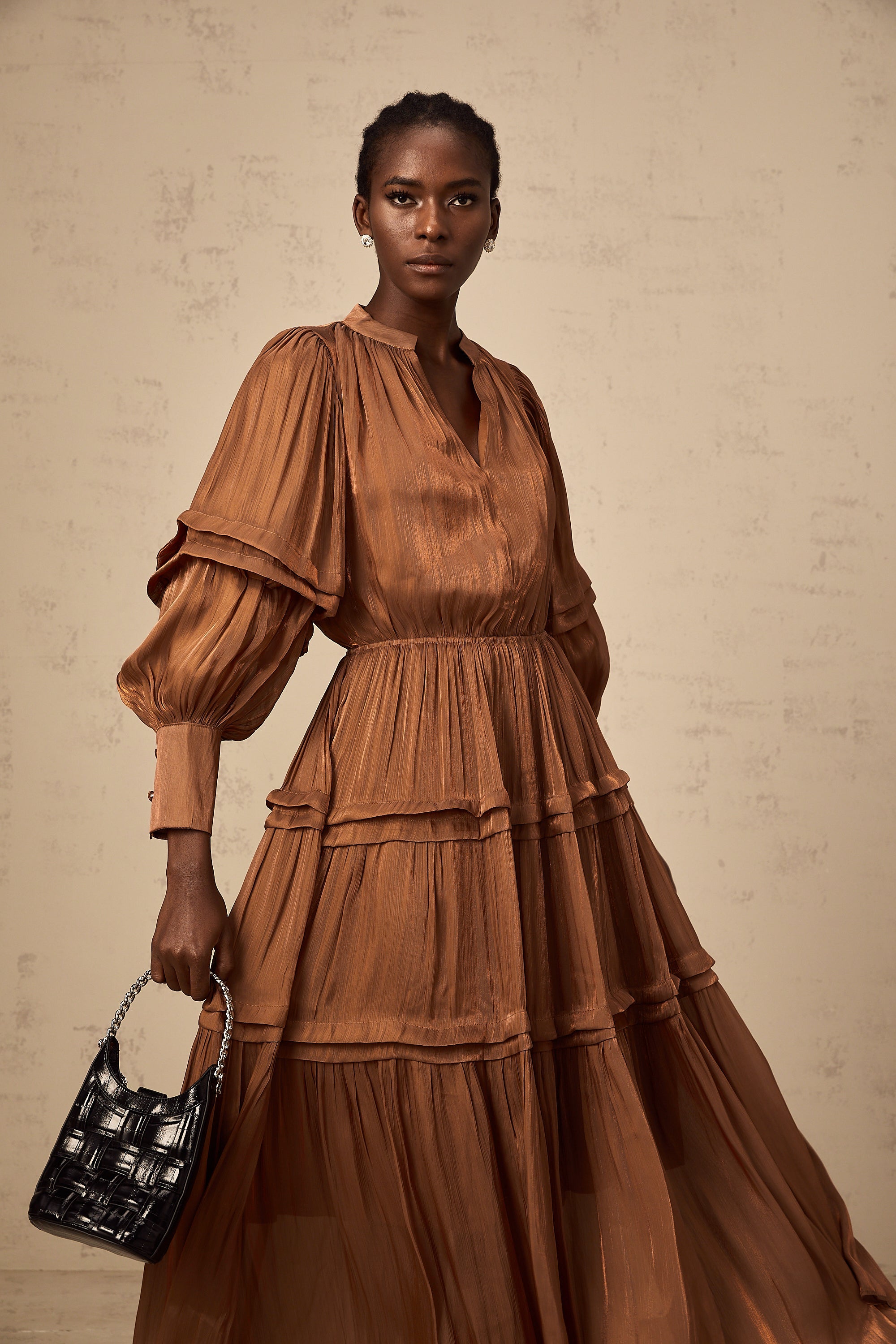 Emma brown ruffled-trim tiered maxi dress