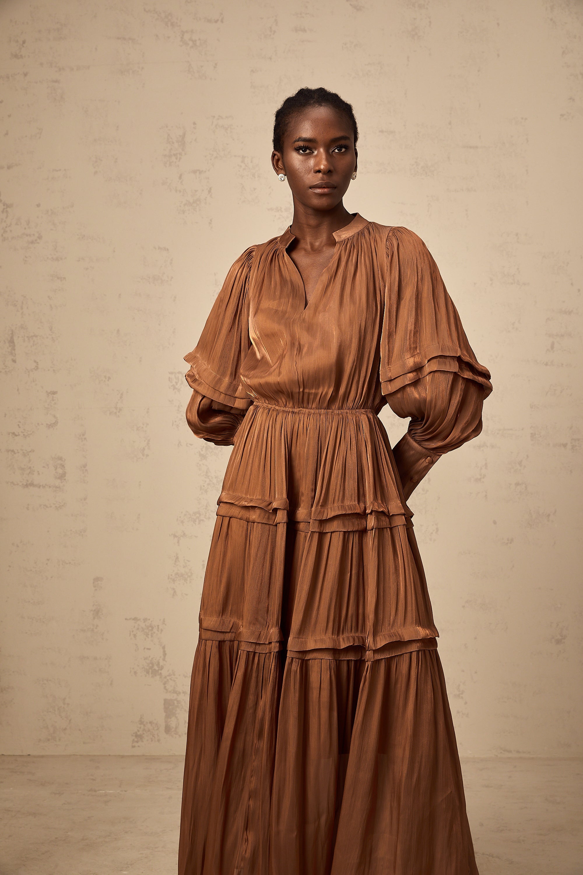 Emma brown ruffled-trim tiered maxi dress