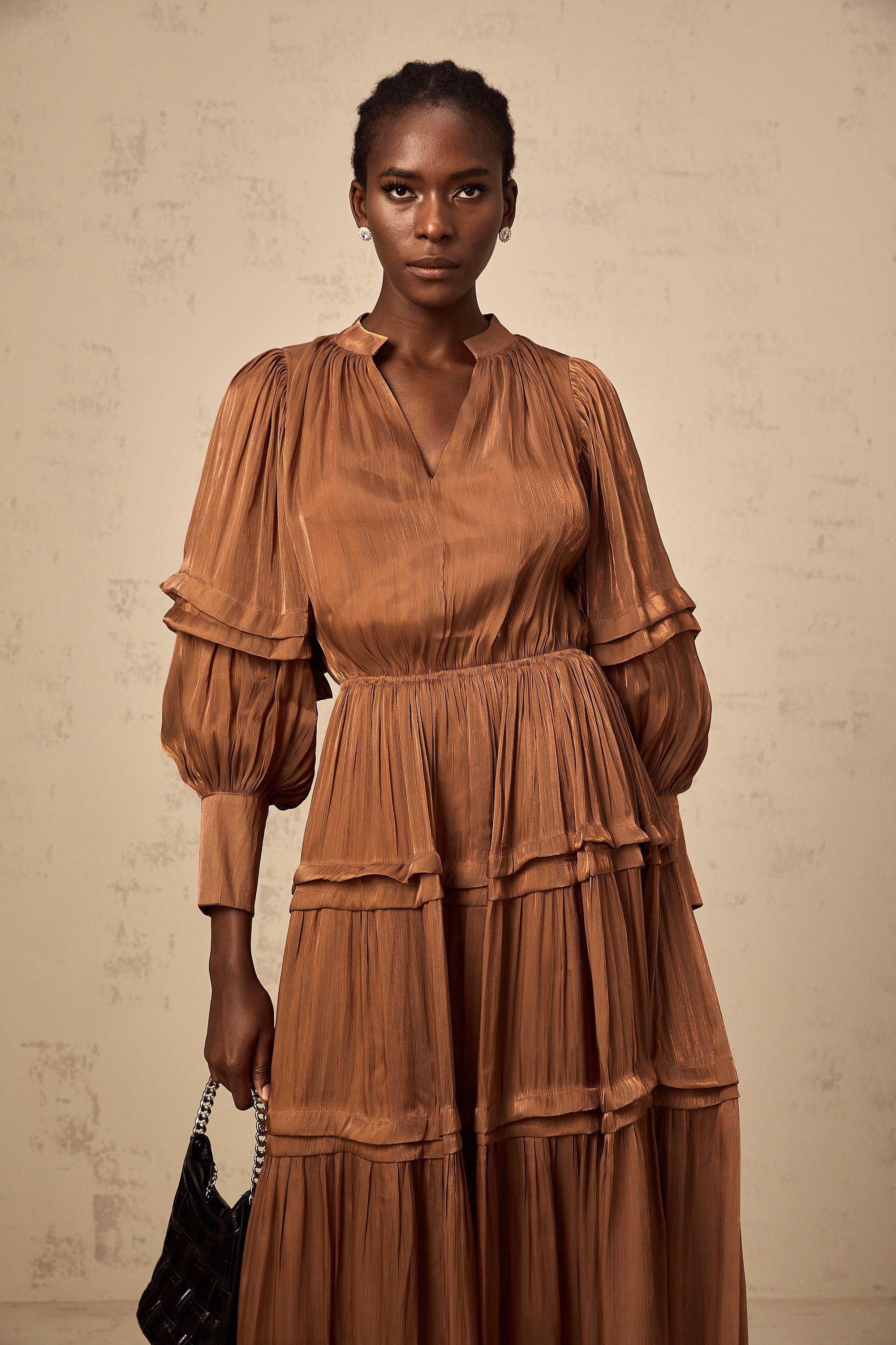 Emma brown ruffled-trim tiered maxi dress