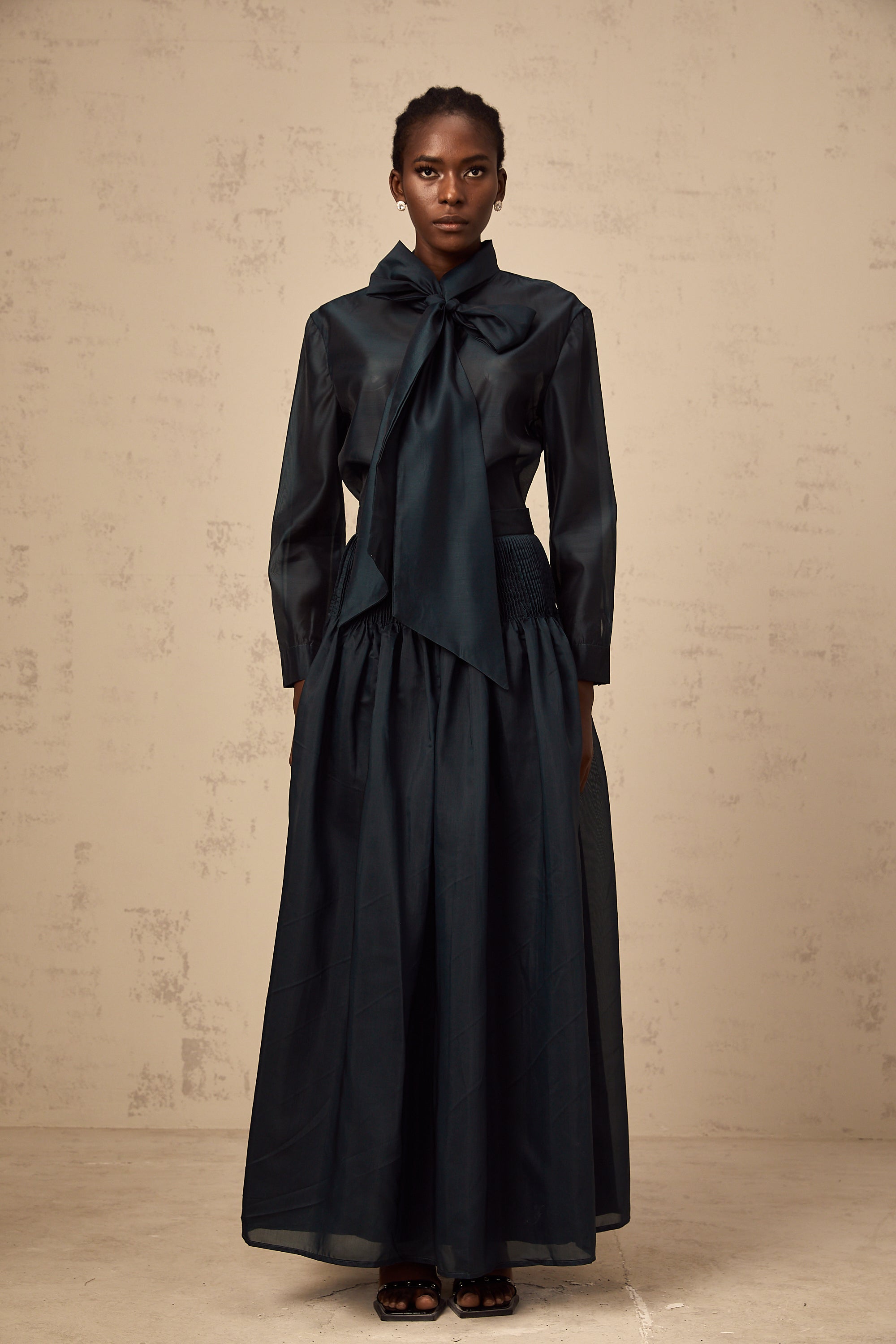 Zoé dark-green ribbon tie-neck shirt & skirt matching set (Final Sale-US Only)