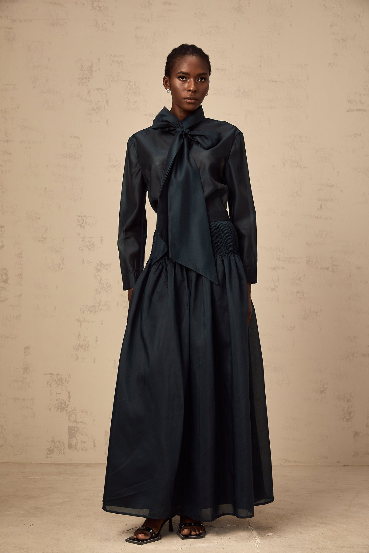 Zoé dark-green ribbon tie-neck shirt & skirt matching set (Final Sale-US Only)