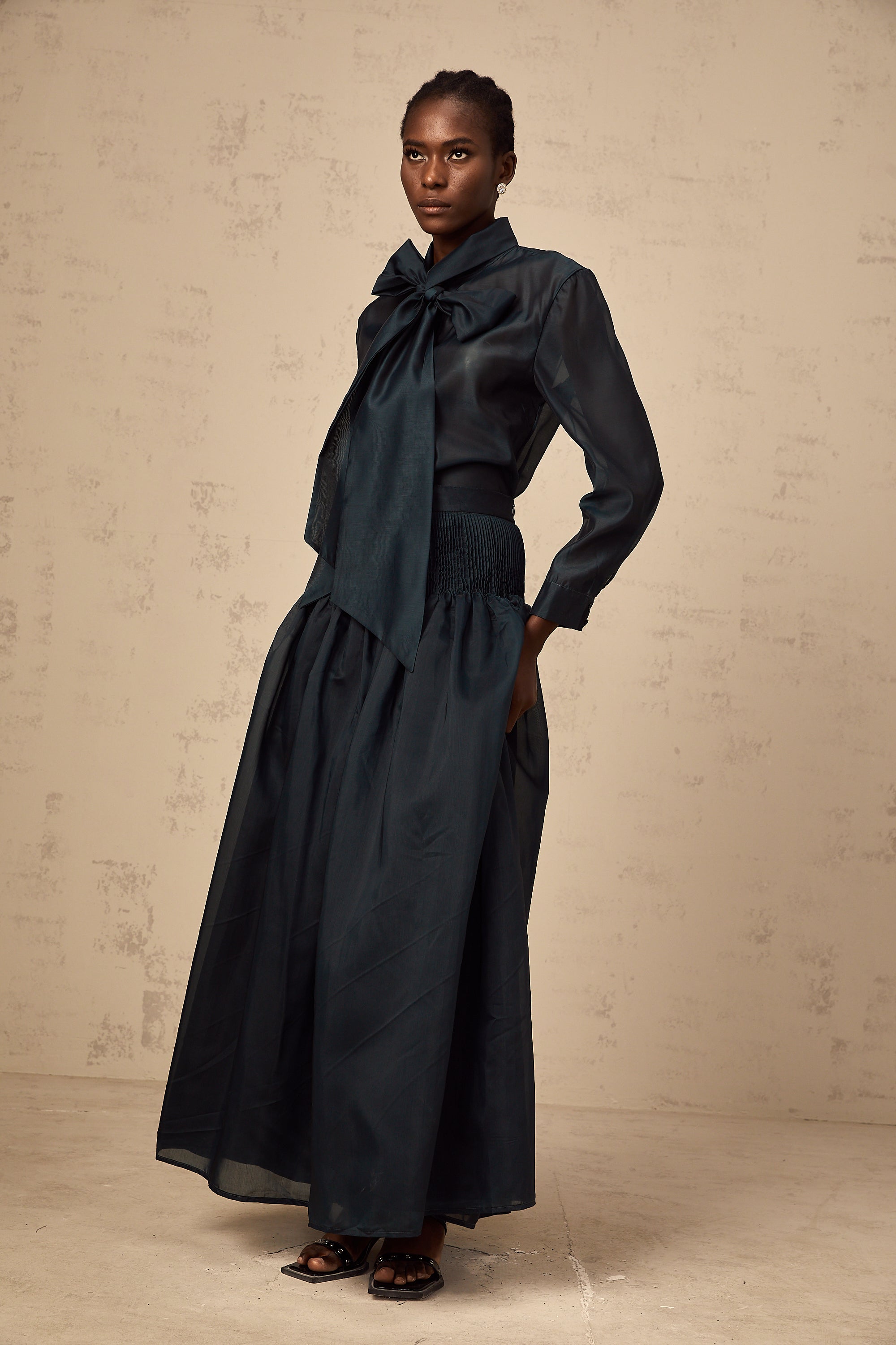 Zoé dark-green ribbon tie-neck shirt & skirt matching set