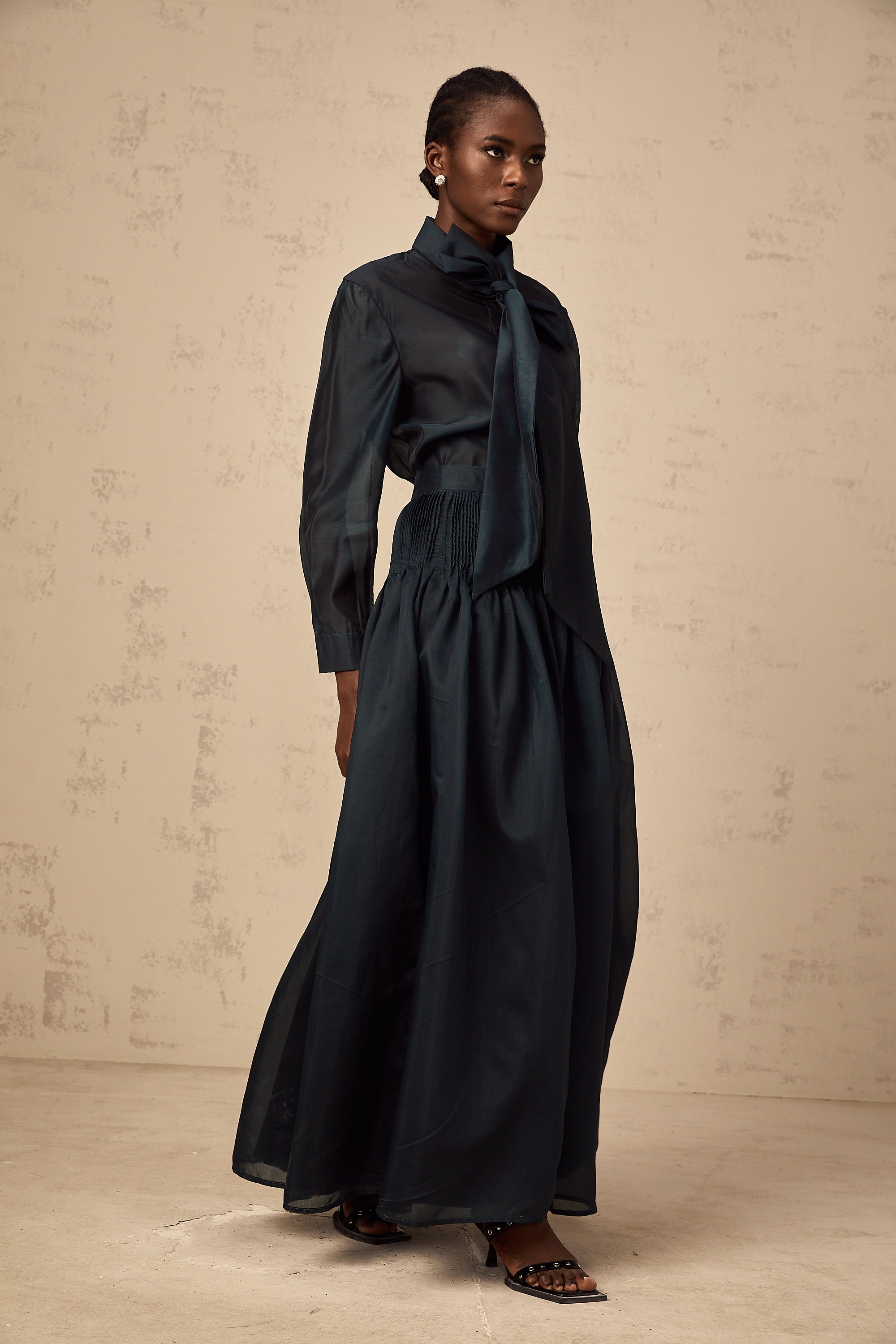Zoé dark-green ribbon tie-neck shirt & skirt matching set