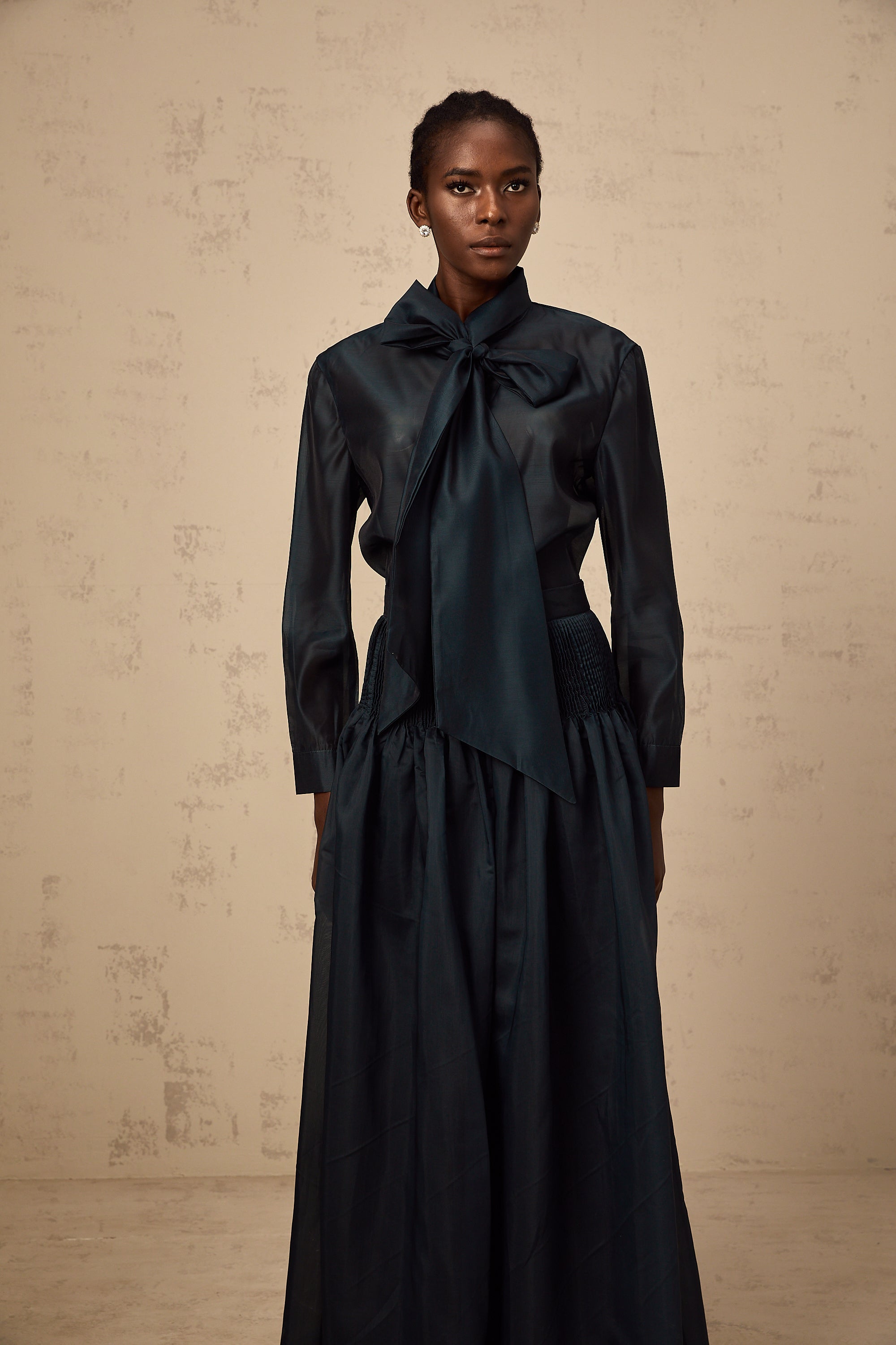 Zoé dark-green ribbon tie-neck shirt & skirt matching set