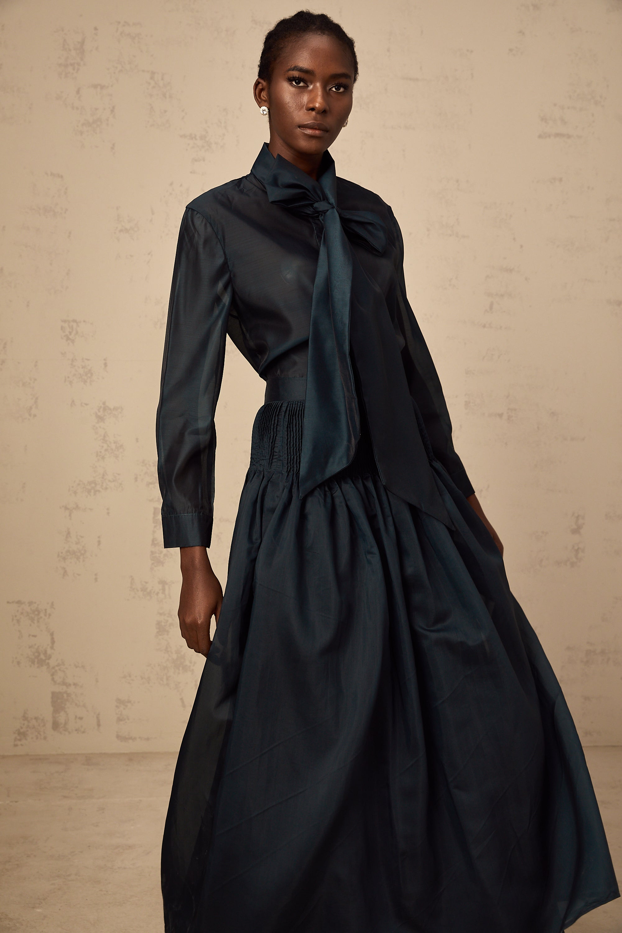 Zoé dark-green ribbon tie-neck shirt & skirt matching set (Final Sale-US Only)