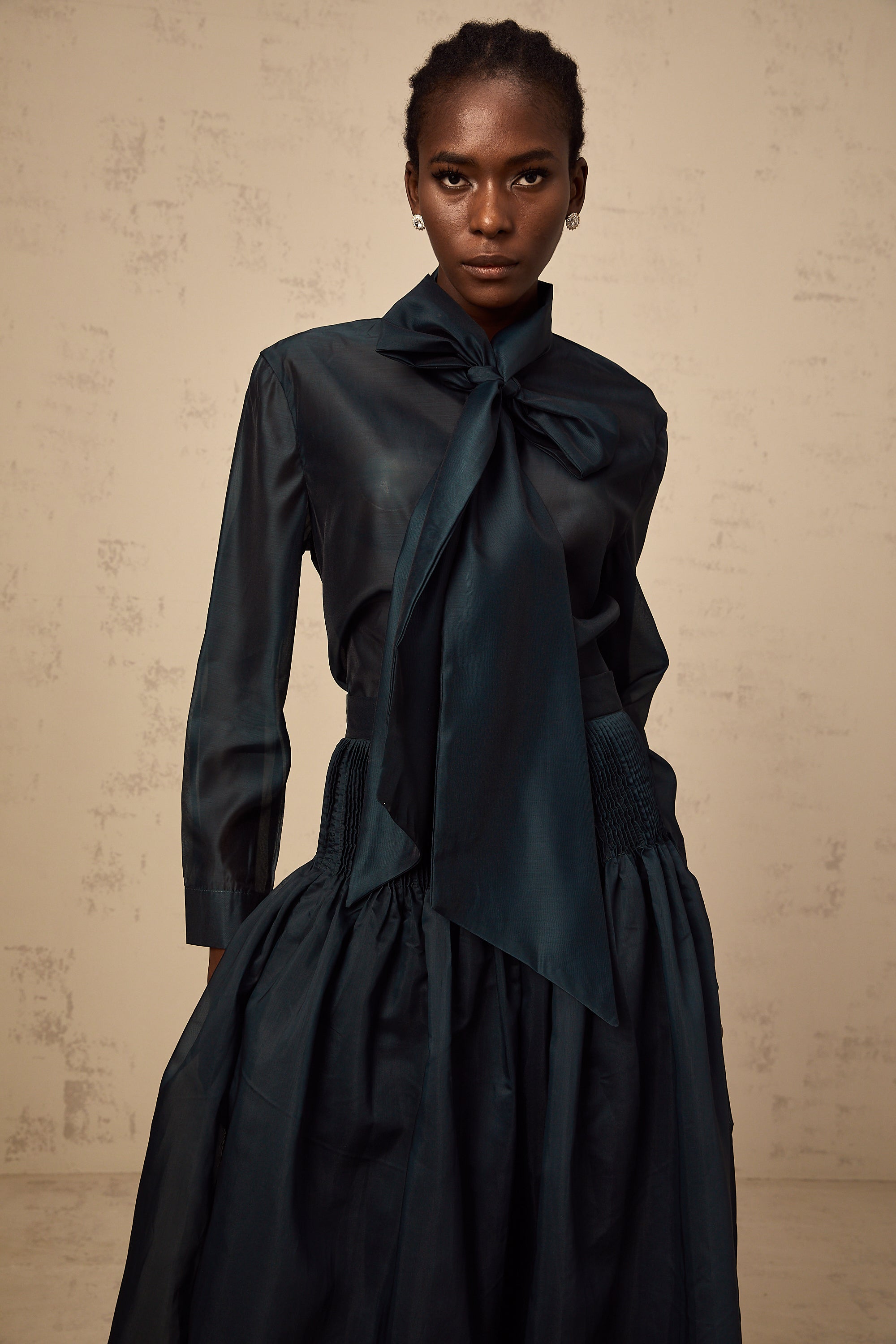 Zoé dark-green ribbon tie-neck shirt & skirt matching set