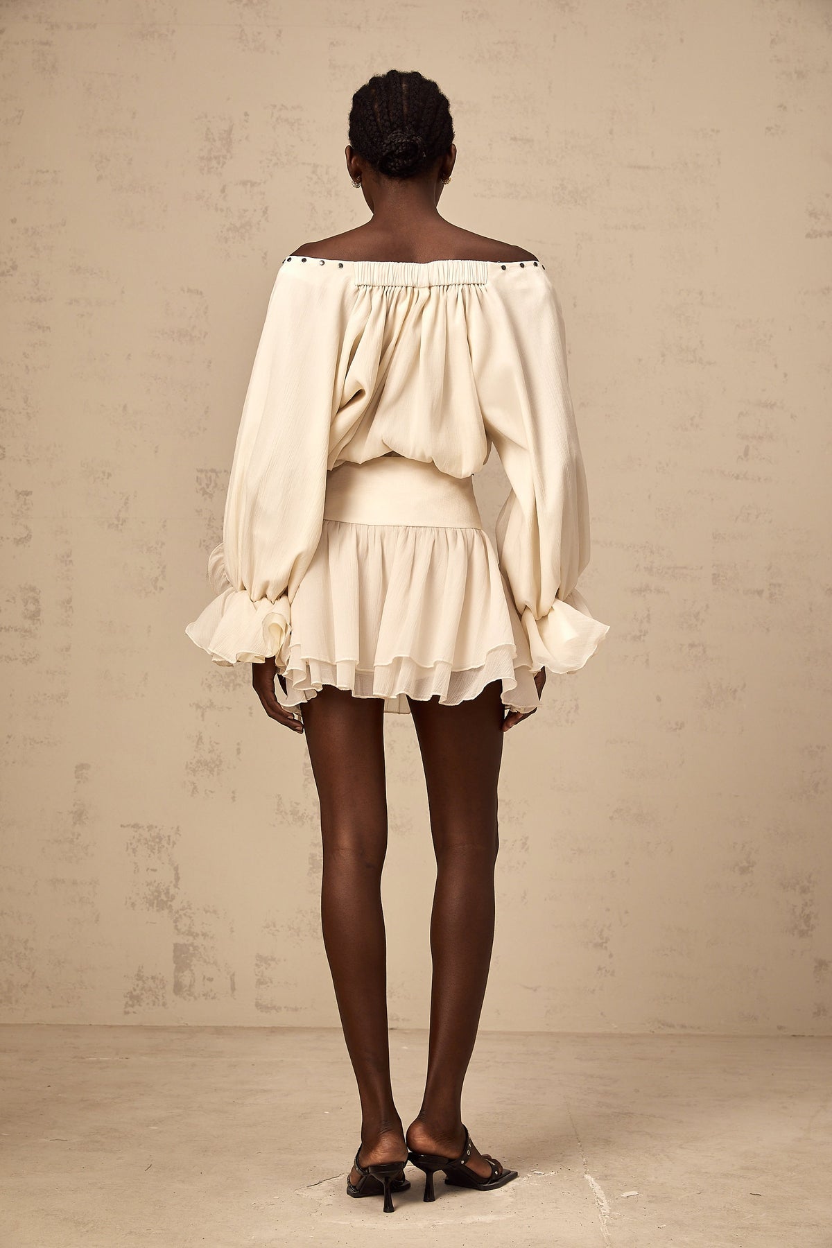 Perrine self-tie ruffled blouse & skirt matching set