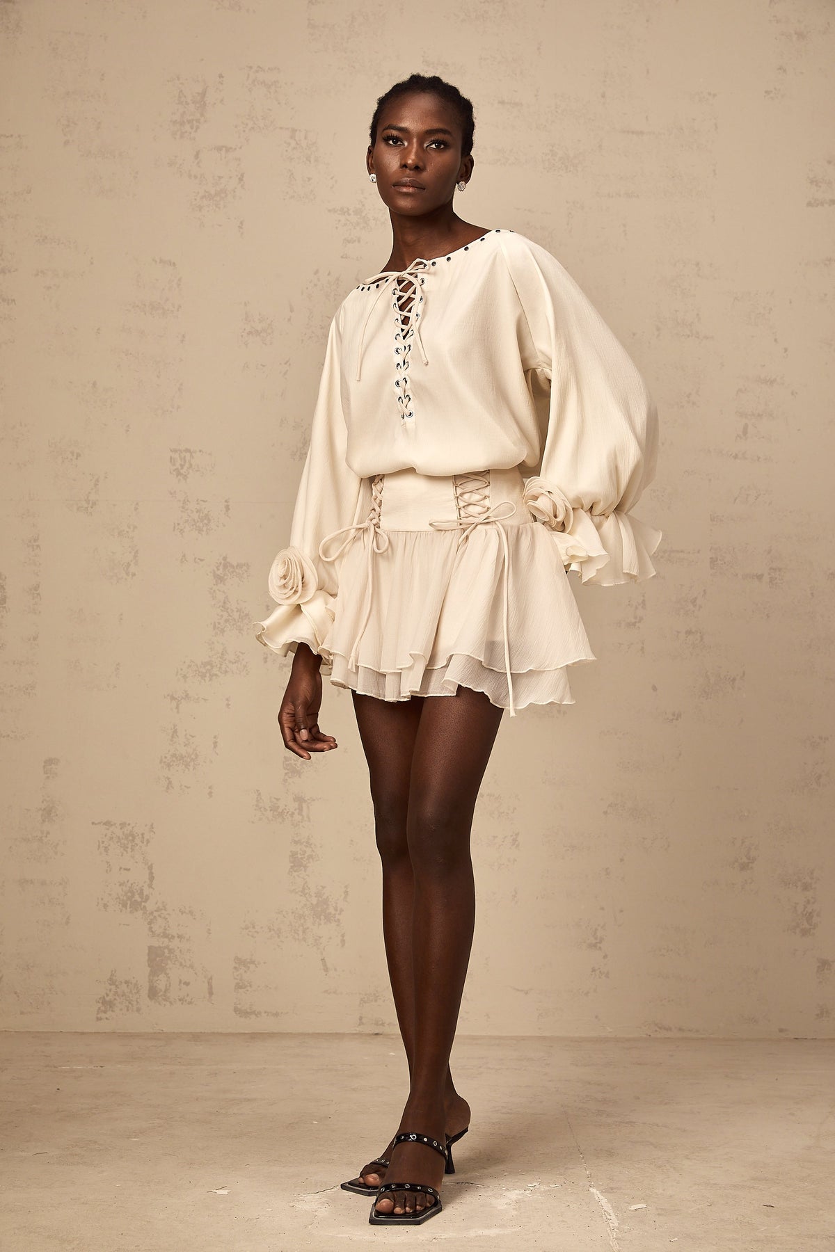 Perrine self-tie ruffled blouse & skirt matching set (Final Sale)