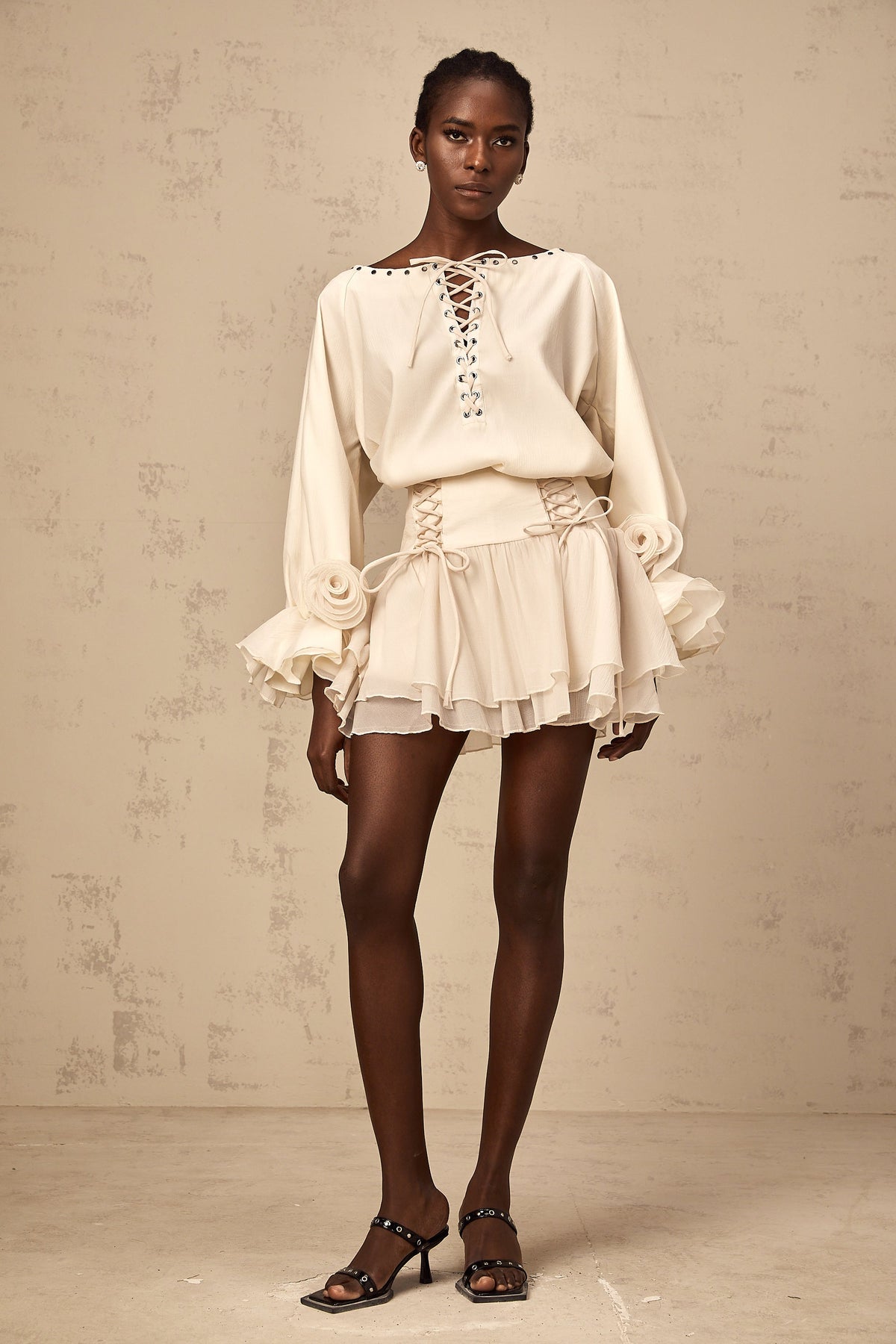 Perrine self-tie ruffled blouse & skirt matching set (Final Sale)