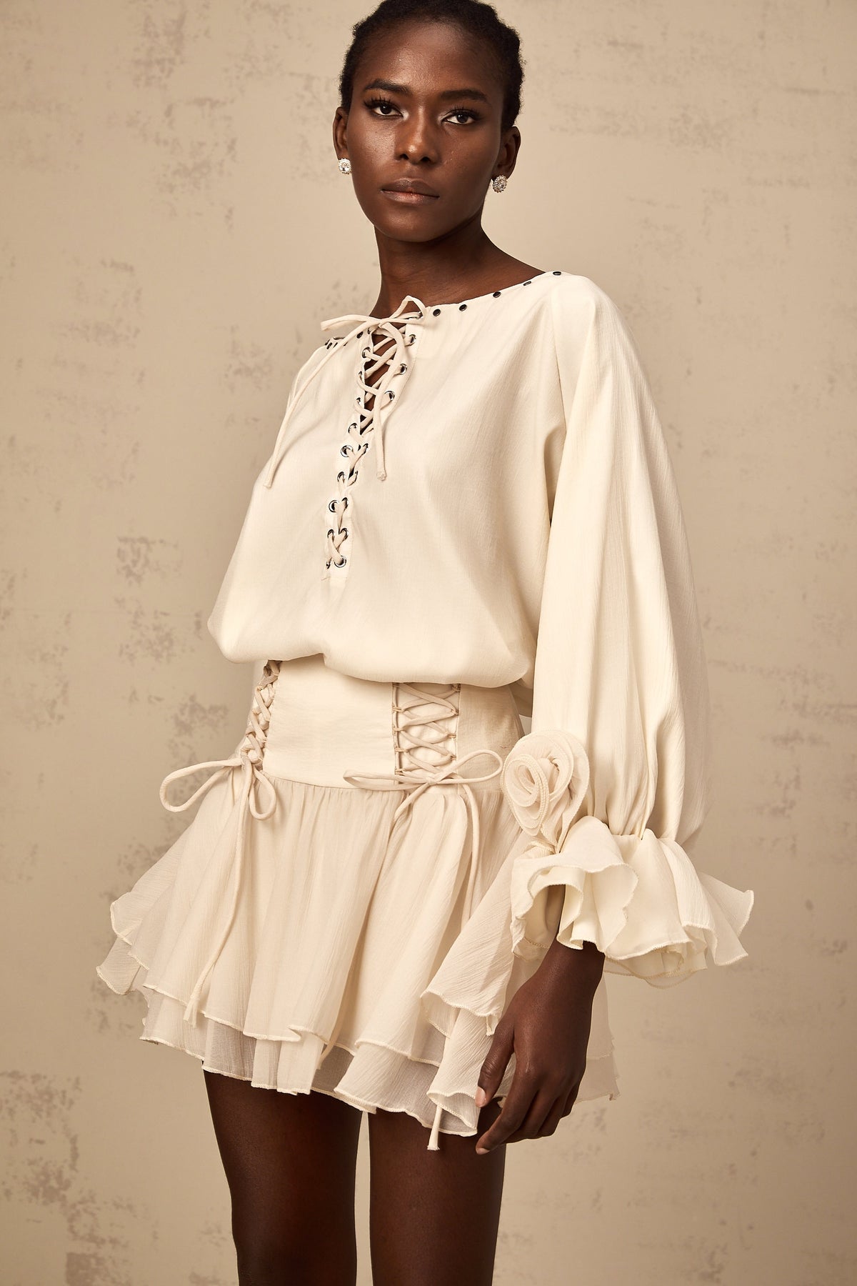 Perrine self-tie ruffled blouse & skirt matching set (Final Sale)
