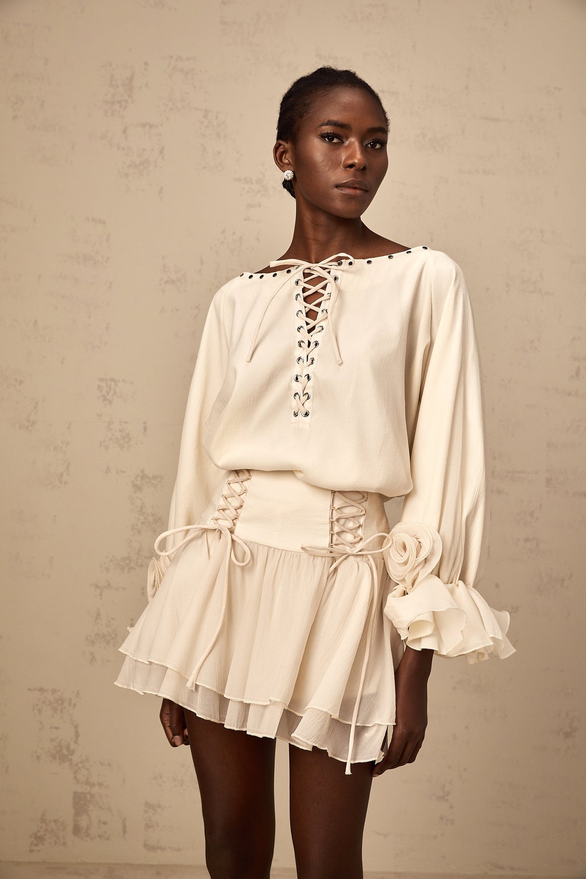 Perrine self-tie ruffled blouse & skirt matching set (Final Sale)