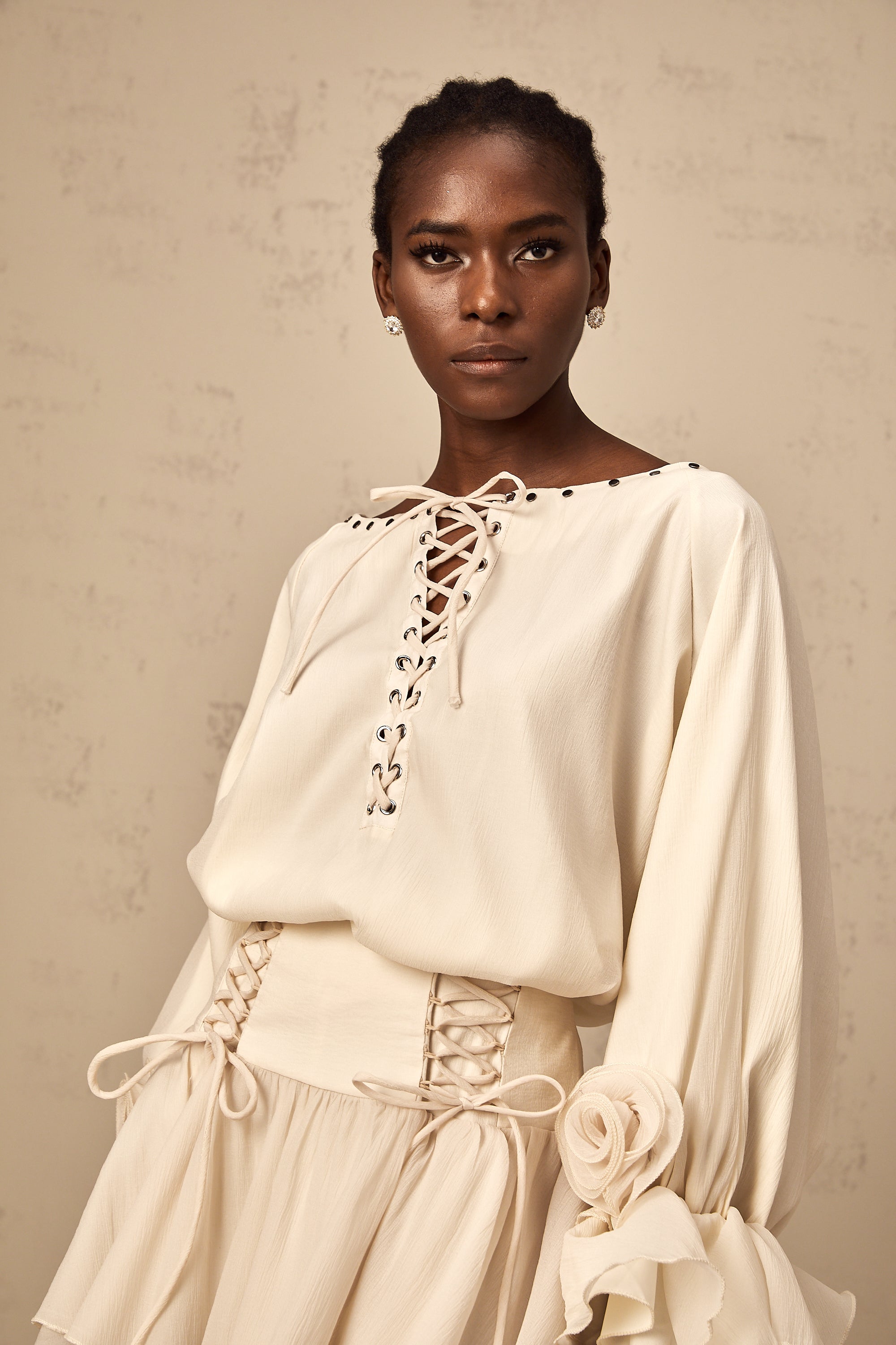 Perrine self-tie ruffled blouse & skirt matching set