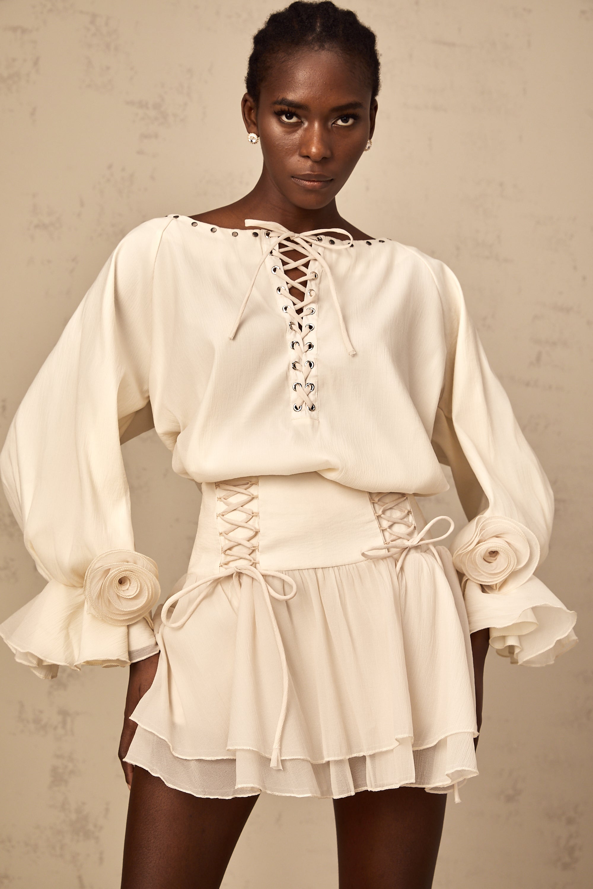 Perrine self-tie ruffled blouse & skirt matching set