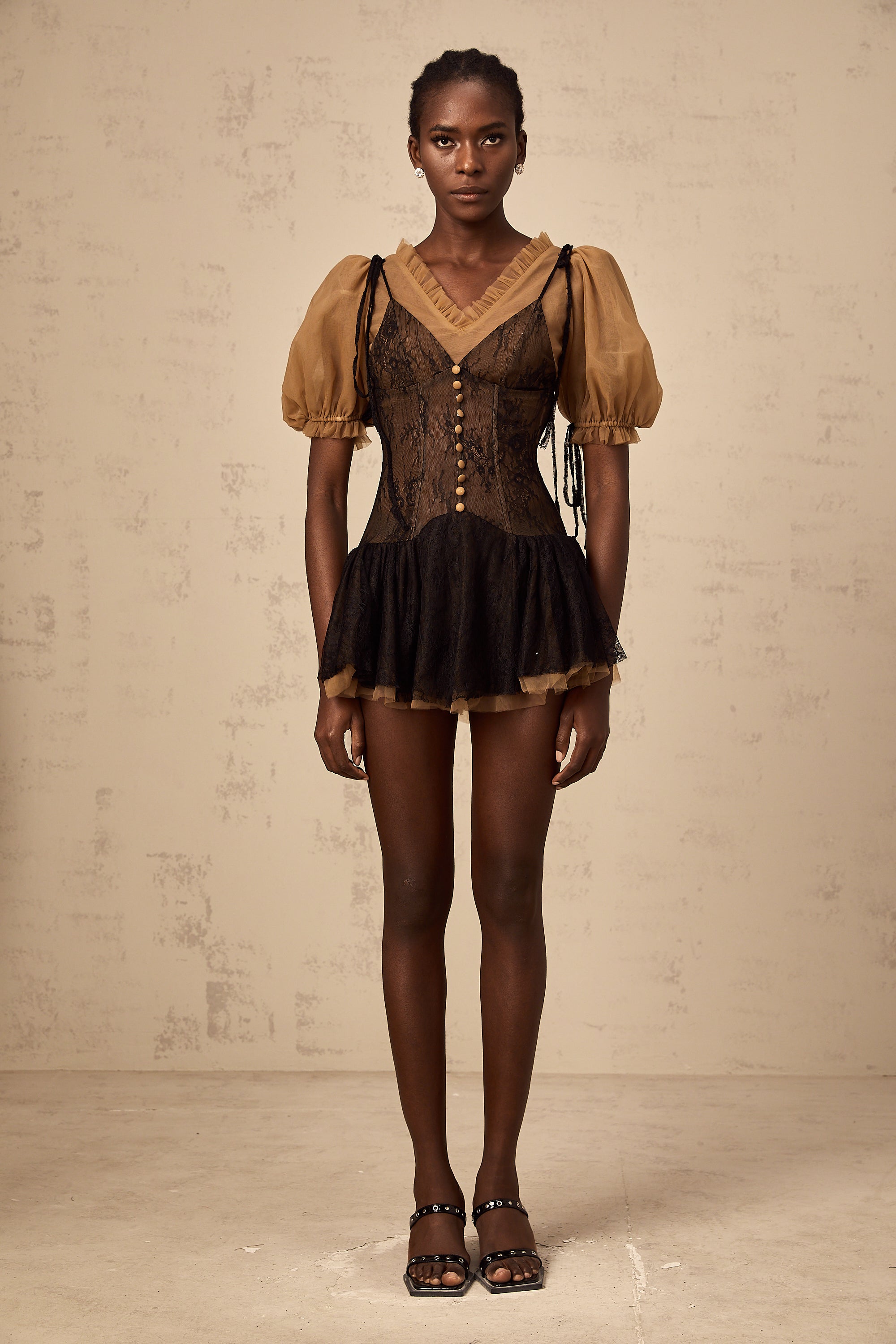 Fabienne black lace-panelling mini dress